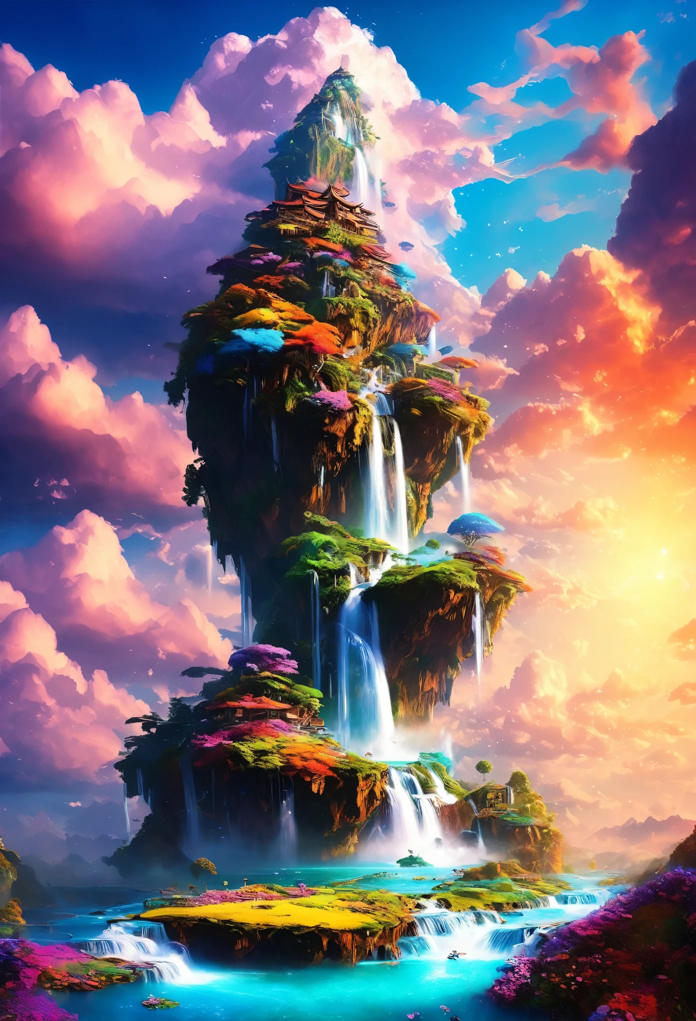 artwork, highest quality, Better Quality, Flying Island, Waterfall cascading down from the island, Fantasy World, Magnificent panorama, Multicolored clouds, Flashy colors,