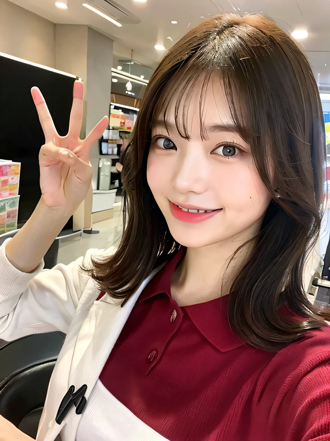 one person、Smiling while shopping、fun、Making a peace sign、17 years old、whole body、slender、woman、White drool coming out of the mouth、Short hair, fair skin, messy hair, super cute、Soft and Face、Brown Hair、8k resolution、Surreal、Ultra high definition、 Soft Body Tight Ass Night、A-cup small breasts((Highest resolution、8k、masterpiece:1.3))、Ultra-fine face、Ultra Fine Lips、Beautiful Eyes、double eyelid,White polo shirt、Red lender's figure、I can see your thighs、Shapely small breasts、