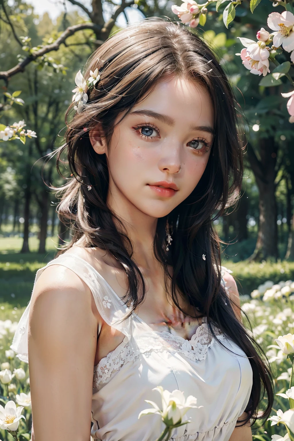 best quality, Meisterwerk, ultra high resolution, (Fotorealistisch:1.4), RAW-Foto, 1 girl, White dress, schulterfrei, blossom flower field, leuchtende Haut, Slight smile