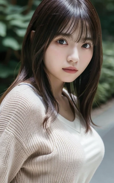 masterpiece, highest quality, 8k, 20th Generation, Big Breasts, cute, alone, sad, cute, Girlish, cute、Delicate girl, Pure beauty,  RAW Photos, Professional photography, Portraiture, Soft Light, Professional Lighting, Backlight, Upper Body, avert your eyes, Sophisticated, Film Grain, (Round face、Young Face、Thin eyebrows、Thin lips:1.0), Floating Hair, beautiful, Flowing hair, bangs, White blouse、pastel cardigan、(Big Breasts:1.2)、I can see a little cleavage、dolly make、Heterochromia iridis、Left and right eyes are different colors、Focus on the face
