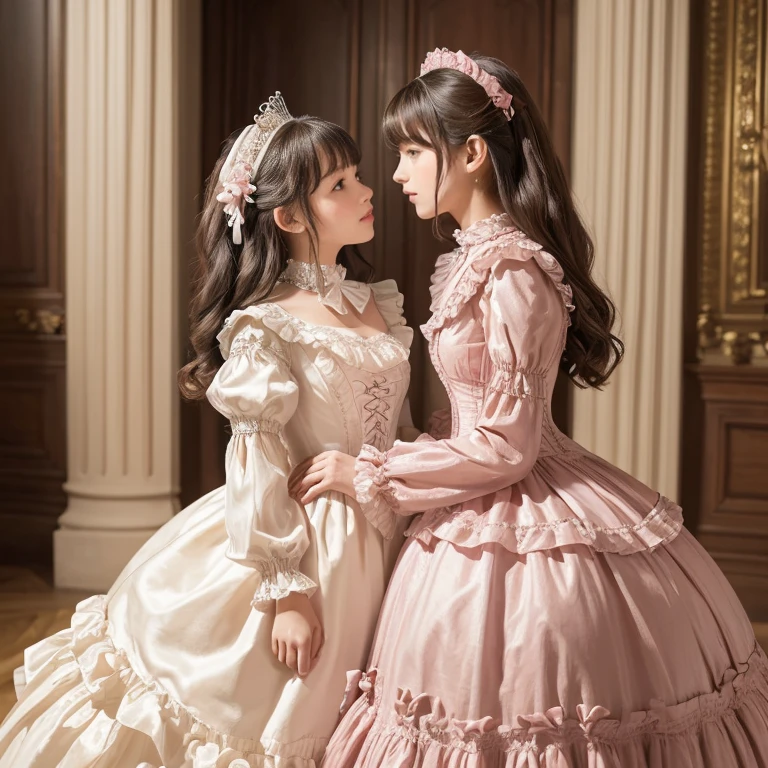 highest quality, masterpiece, Highest Resolution, artwork, super それにGet used to it, many Get used to it, Get used to it, それにGet used to it,, girl,cute girls,(()),((All 10 year old girls)),girls are princesses,Everybody has a tiara on their head,((Everything has volume,She is wearing a pink Victorian ball gown dress and a full-length hoop skirt。)),The dress is round and puffy,(Ruffled long sleeves),((A long dress that reaches the floor)),A dress with lots of frills and ribbons..,((Frilled yoke collar)),luxury,Inside the palace,Satin dress,They're kissing.,