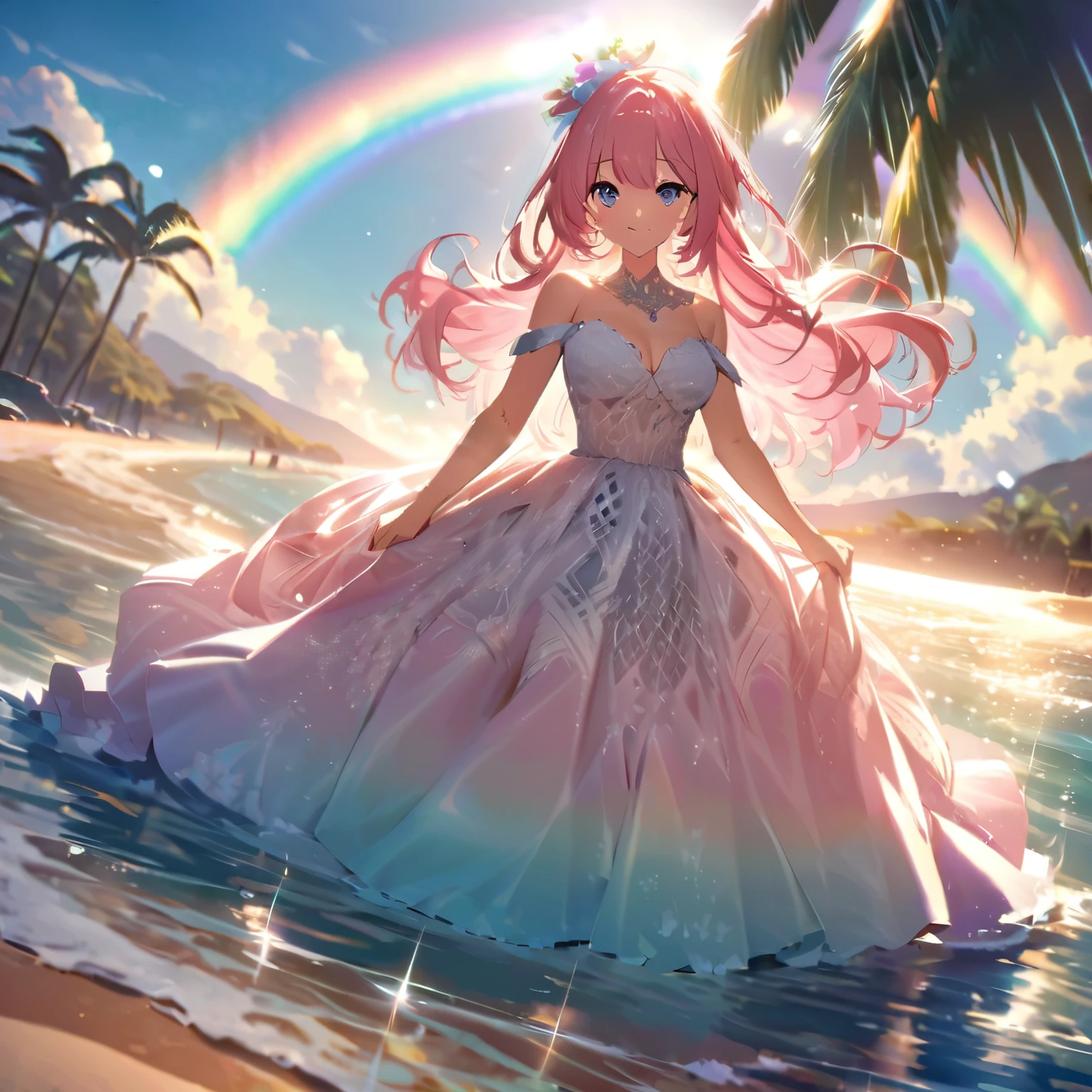 ``A beautiful woman with long pink hair and beautiful eyes wearing an elegant and detailed hawaiian dress.The dress must have intricate designs and patterns to give it a luxurious and luxurious feel.In the background , a romantic morning beach in Hawaii with the morning sun reflecting on the water surface and the sun hitting the palm trees.The entire image emphasizes the glittering effect and rainbows to enhance the magical atmosphere, and adds special frills to the dress. It makes you stand out.”