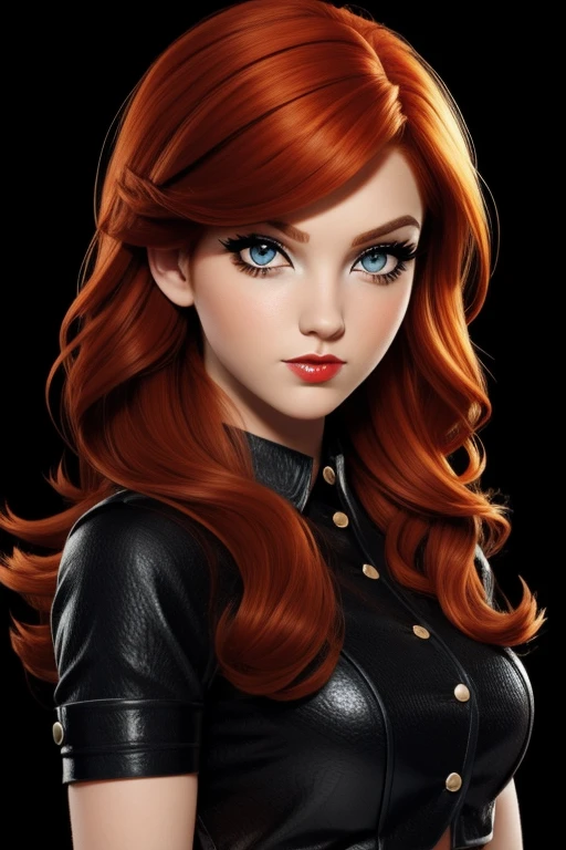 Ginger hair Emo Pin up Girl, Black Faux, Lustrous zomp eyes, Striking a pose, natural make up