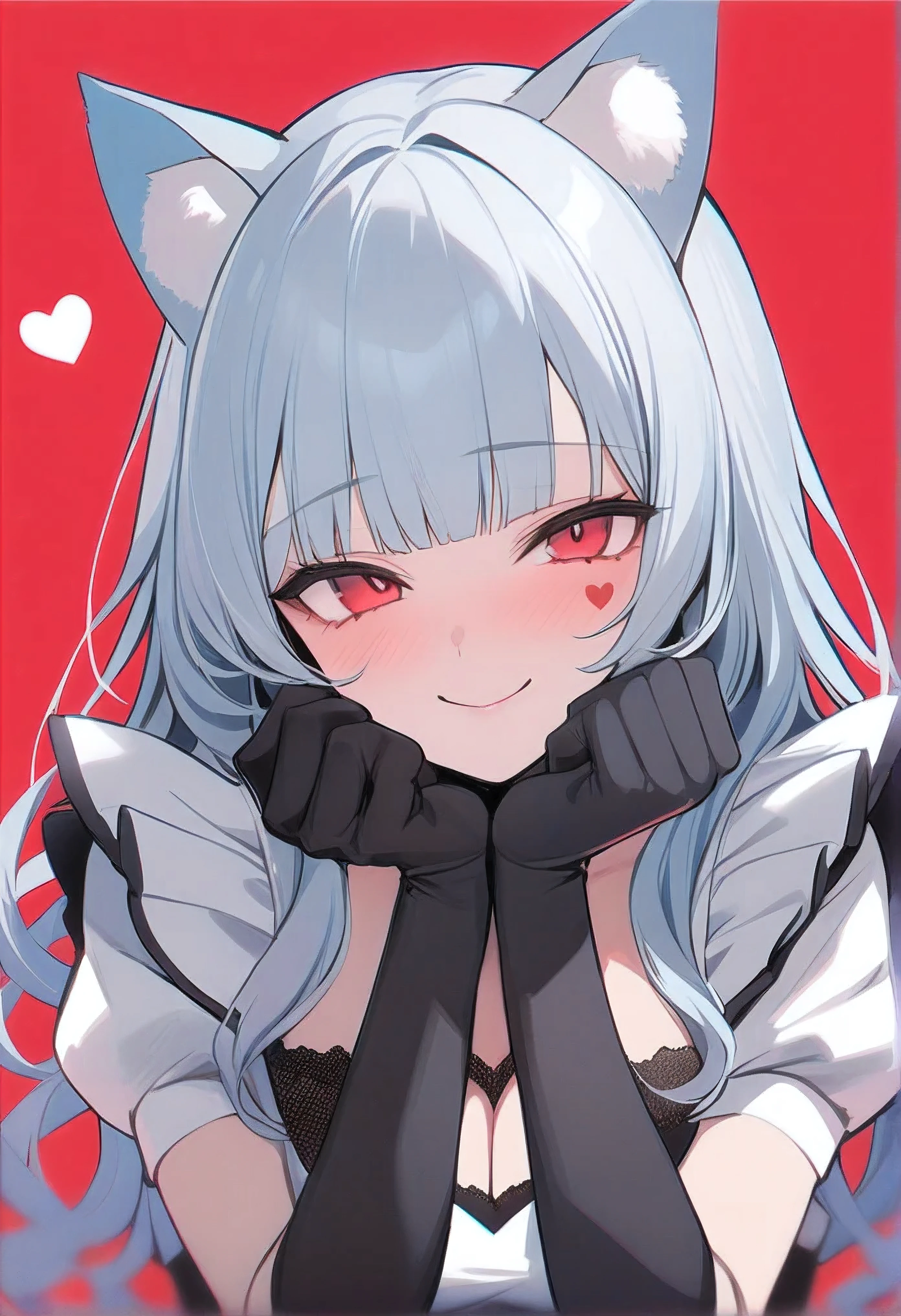 masterpiece, best quality, 1girl, gloves, solo, red background, black gloves, long hair, elbow gloves, bangs, puffy sleeves, light blue hair, short sleeves, looking at viewer, hands on own face, upper body, blunt bangs, puffy short sleeves,, heart, black maid dress, dress, hands on own cheeks, red eyes, facial mark, simple background,  string, halftone,long curly hair, cat ears,yandere face, smiling,big breast.