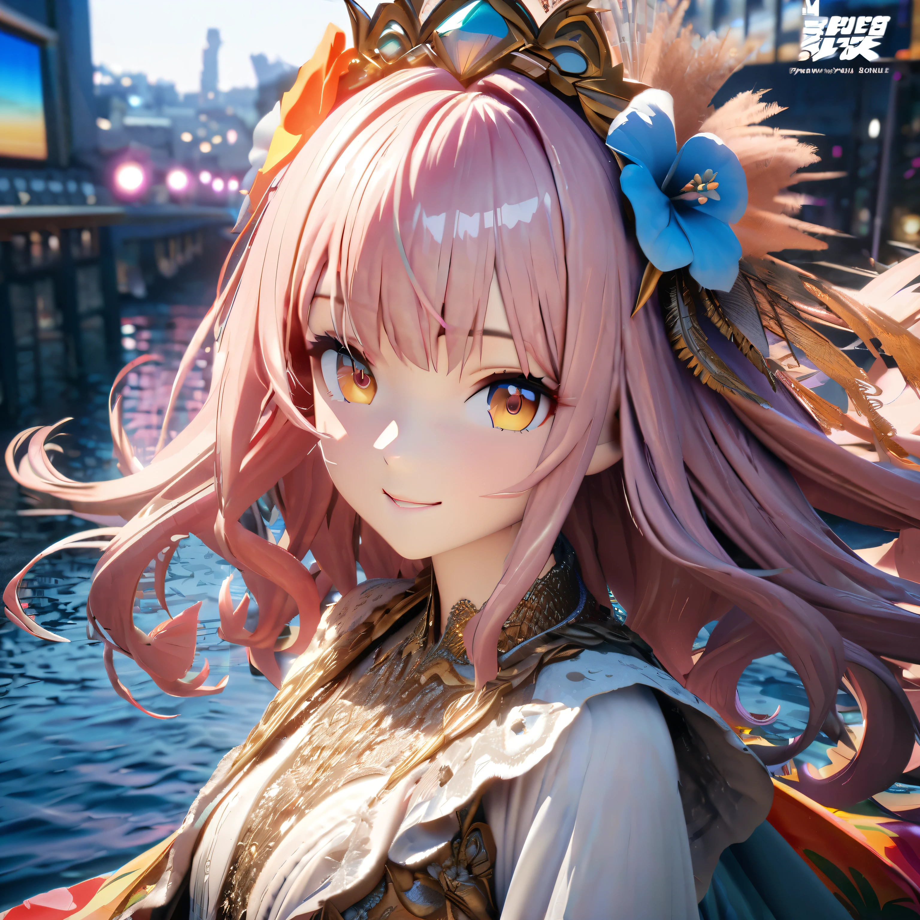 Masterpiece, Best Quality, High Definition, High Resolution, Expensive Resolution, High Definition, 4K, 8k, Unity 8k Wallpaper, High Definition CG, Masterpiece, Real, 2D, 3D, Beautiful Details, Depth, Fine Texture, Super Quality: 1.3 , create an anime-style illustration of a character wearing an elaborate Hawaiian dress decorated with flowers and jewels, with perfect concentration and a bright night beach background. Draw a close-up of the upper body. {{The dress should have multiple layers and a special treatment of ruffles, with gemstones of different colors embedded throughout. }} , The character's pink hair should be long and flowing to complement the intricate design of the dress. The cityscape at night should also be vivid. The streets are lit up in different colors and buzz with lights indicating an active nightlife. Includes light reflections from buildings in the bodies of water in between.With a smile