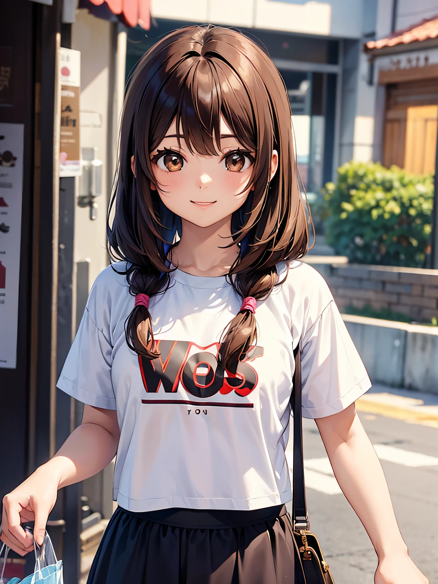 Brown hair. Anime girl. Asian girl. Ulzzang. Brown eyes. Smiling. T-shirt.