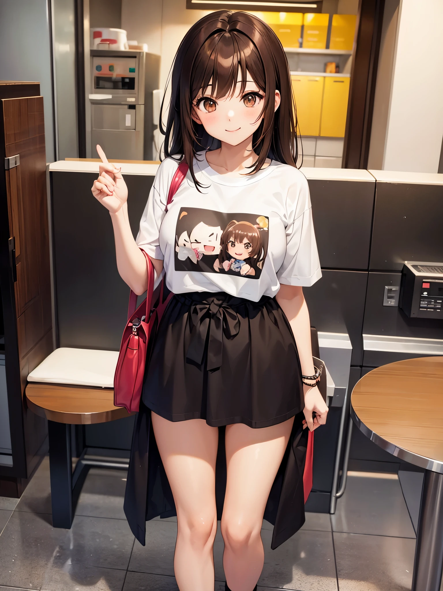 Brown hair. Anime girl. Asian girl. Ulzzang. Brown eyes. Smiling. T-shirt.