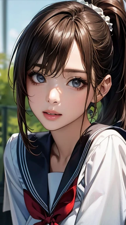 (hig彼st quality、8k、32k、masterpiece)、(Realistic)、(Realistic:1.2)、(High resolution)、Very detailed、Very beautiful face and eyes、1 girl、Delicate body、(hig彼st quality、Attention to detail、Rich skin detail)、(hig彼st quality、8k、Oil paint:1.2)、Very detailed、(Realistic、Realistic:1.37)、Bright colors、Full Body Shot, (schoolgirl:1.6, Sailor suit), ponytail