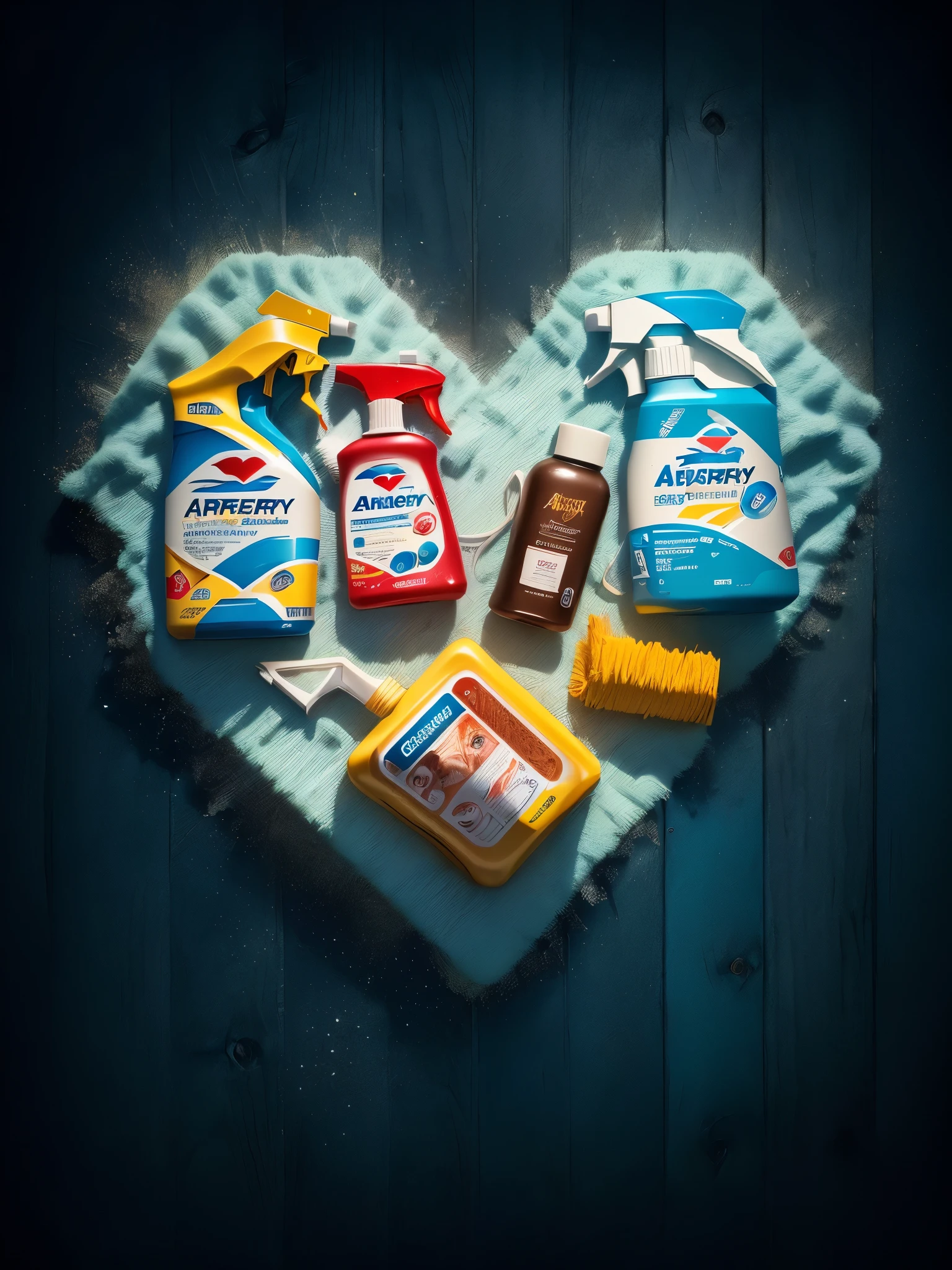 Araffed heart with various cleaning products, dramatic product photography, commercial product photography, advertising photo, photorealistic", romance, Alexander Kucharsky, Adam Khmelovsky, the purest image, product photography 4k, Alexander Brook, Etienne Delessert, pure 4k, Alexander Gerimsky