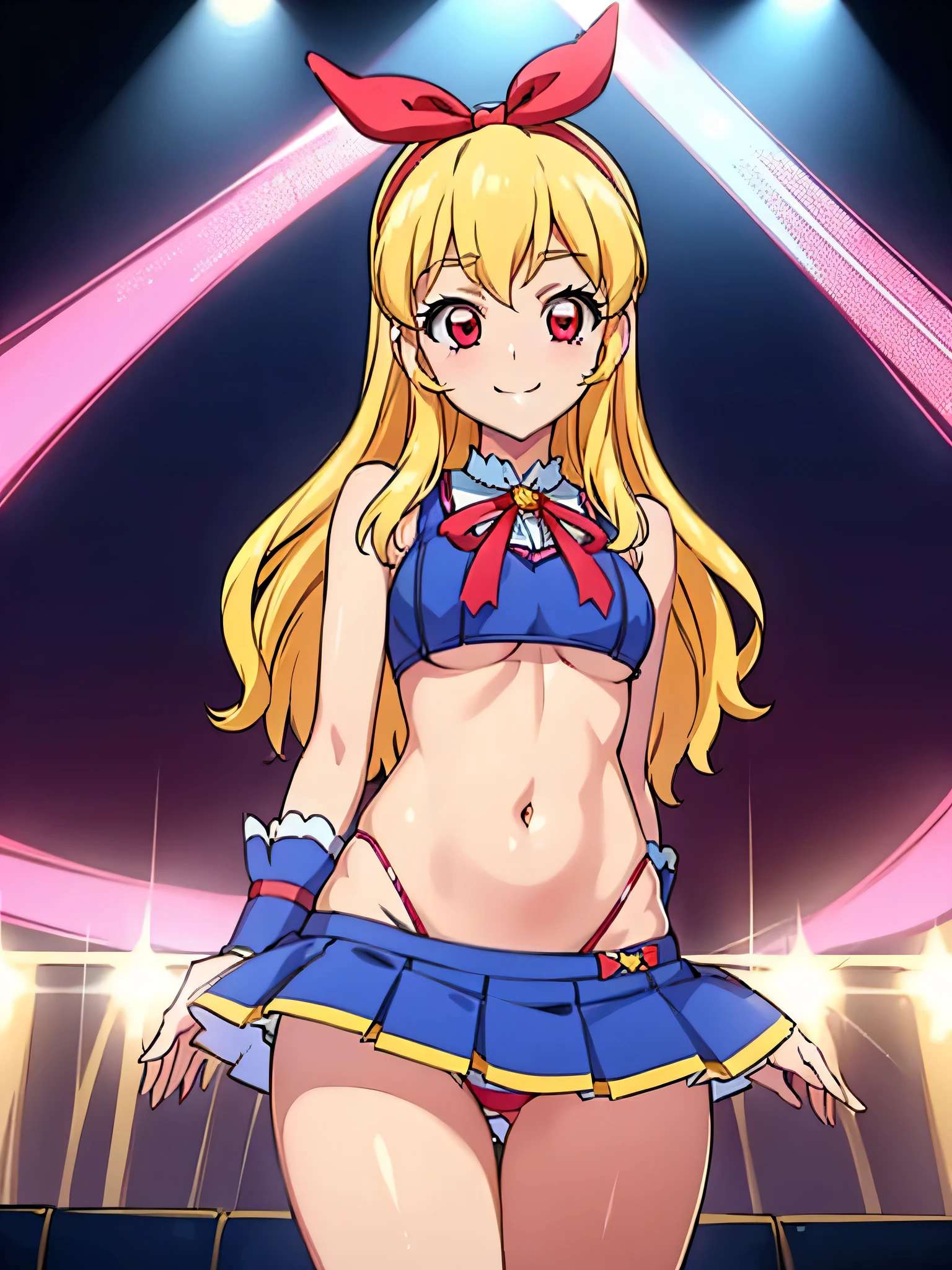 (RED Ribbon on HAIRband:1.2),(Aikatsu idol, Blonde Hair:1.2, elegant and detailed, captivating face, expressive
red eyes, full of charisma and energy, Reverse Cowgirl Position:1.4, Blue Stripe Panties:1.2, taut and curvaceous body, big ass and beautiful ass accentuated, pointy panties revealing the appealing underboob, intricately detailed thighs, shimmering skin, high resolution and best quality, impressive details and sensual allure.)

Amidst the silken glow of the stage lights, an Aikatsu idol with golden blonde hair smiled at the audience, her detailed, expressive blue