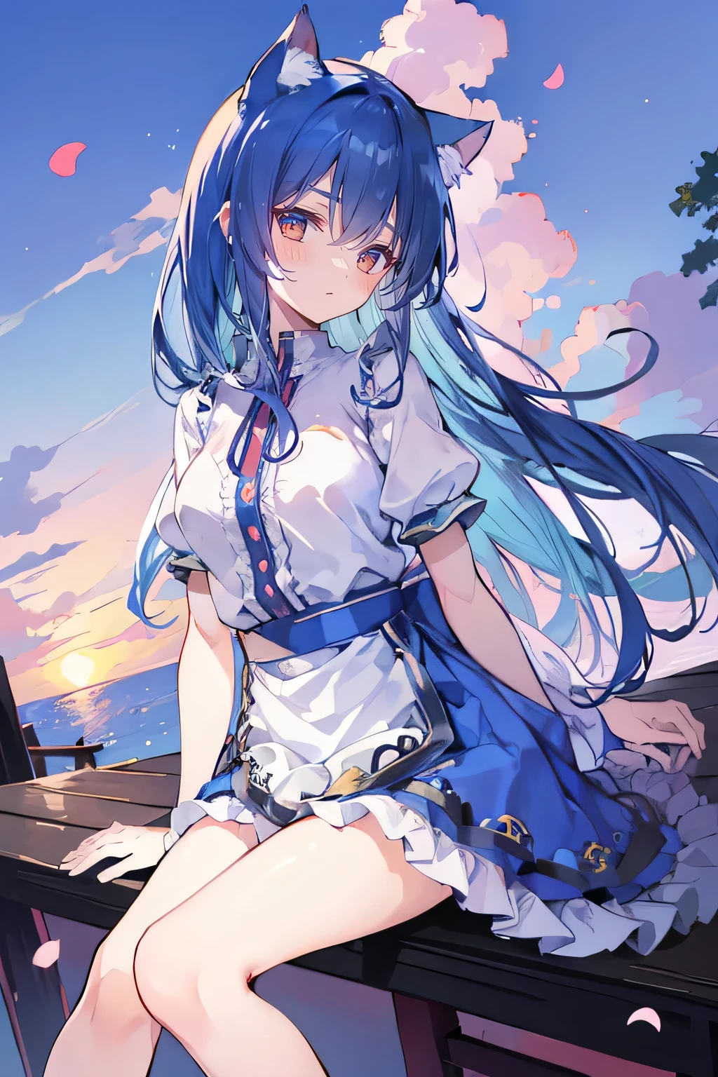 (masterpiece:1.2),Super detailed,Practical,expressive eyes,Fair skin,Perfect face shaping,1 Girl,
Japanese cartoons,Gorgeous blue hair, the long flowing blue hair,Floating clothes,Cat ears,Petals falling,beautiful lola,Young Angel,
Hands on waist,sit elegantly on the ground,Cross your legs,Gentle and peaceful background,Cool and cozy pavilion,Sunset,