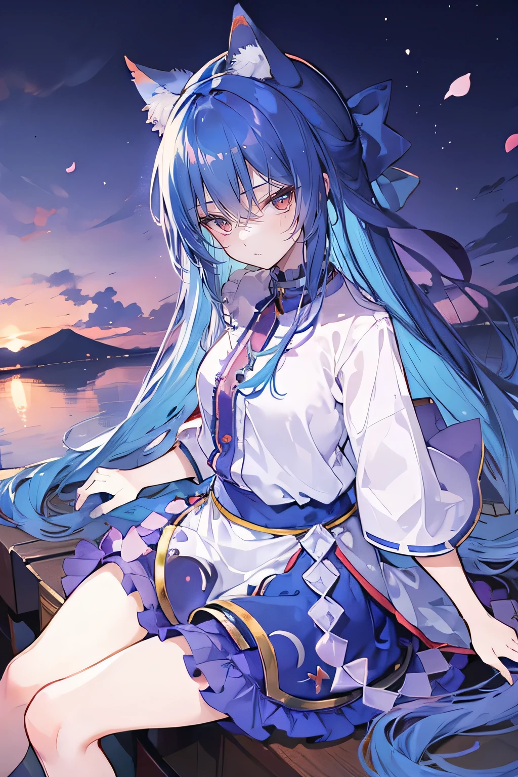 (masterpiece:1.2),Super detailed,Practical,expressive eyes,Fair skin,Perfect face shaping,1 Girl,
Japanese cartoons,Gorgeous blue hair, the long flowing blue hair,Floating clothes,Cat ears,Petals falling,beautiful lola,Young Angel,
Hands on waist,sit elegantly on the ground,Cross your legs,Gentle and peaceful background,Cool and cozy pavilion,Sunset,