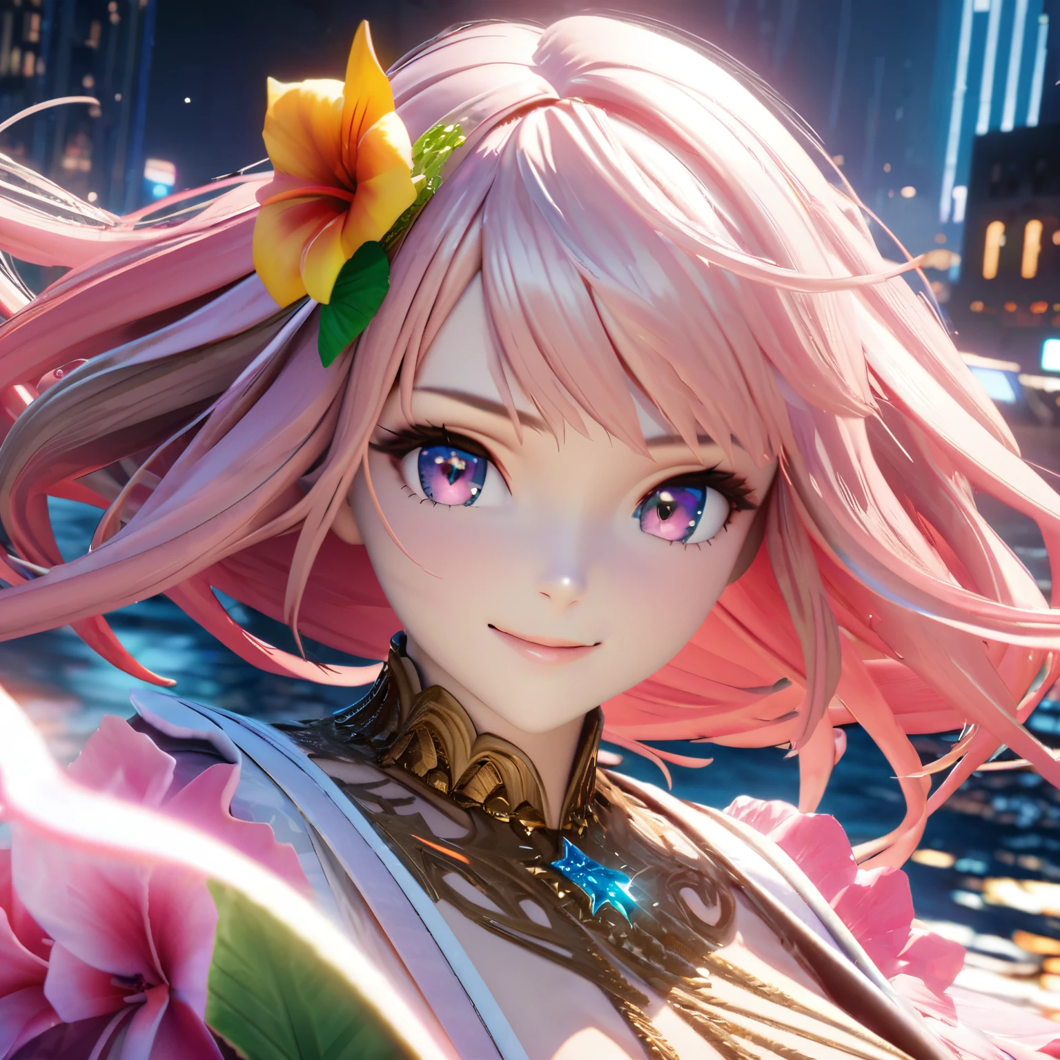 Masterpiece, Best Quality, High Definition, High Resolution, Expensive Resolution, High Definition, 4K, 8k, Unity 8k Wallpaper, High Definition CG, Masterpiece, Real, 2D, 3D, Beautiful Details, Depth, Fine Texture, Super Quality: 1.3 , create an anime-style illustration of a character wearing an elaborate Hawaiian dress decorated with flowers and jewels, with perfect concentration and a bright night beach background. Draw a close-up of the upper body. {{The dress should have multiple layers and a special treatment of ruffles, with gemstones of different colors embedded throughout. }} , The character's pink hair should be long and flowing to complement the intricate design of the dress. The cityscape at night should also be vivid. The streets are lit up in different colors and buzz with lights indicating an active nightlife. Includes light reflections from buildings in the bodies of water in between.With a smile