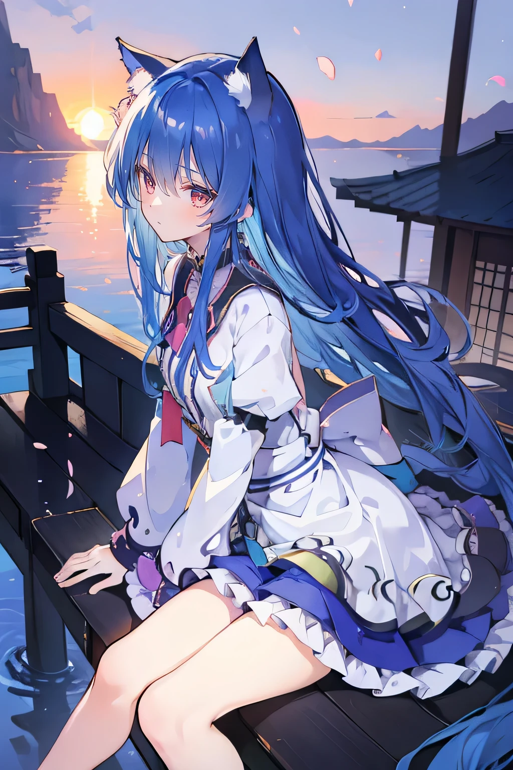 (masterpiece:1.2),Super detailed,Practical,expressive eyes,Fair skin,Perfect face shaping,1 Girl,
Japanese cartoons,Gorgeous blue hair, the long flowing blue hair,Floating clothes,Cat ears,Petals falling,beautiful lola,Young Angel,
Hands on waist,sit elegantly on the ground,Cross your legs,Gentle and peaceful background,Cool and cozy pavilion,Sunset,