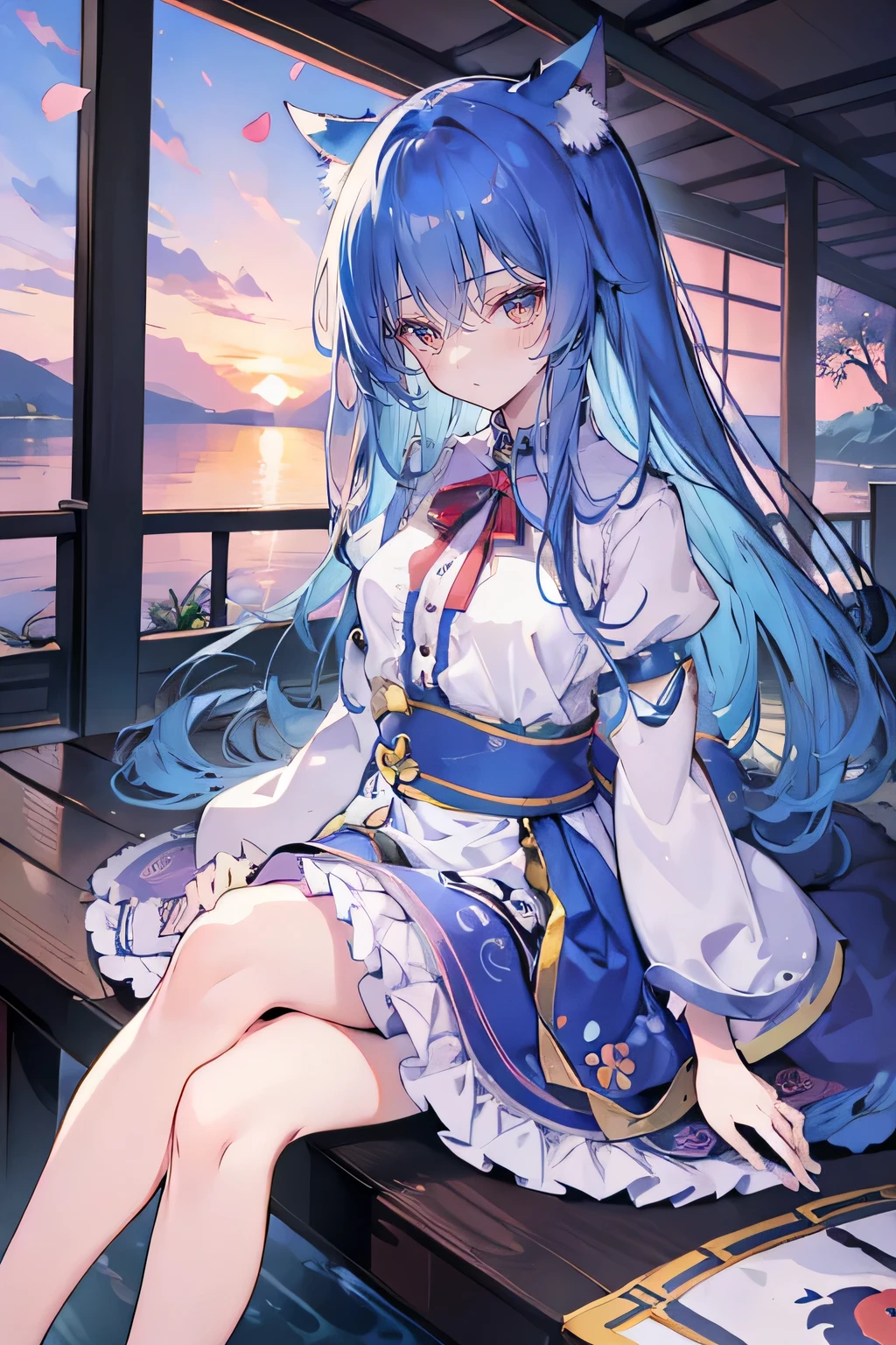 (masterpiece:1.2),Super detailed,Practical,expressive eyes,Fair skin,Perfect face shaping,1 Girl,
Japanese cartoons,Gorgeous blue hair, the long flowing blue hair,Floating clothes,Cat ears,Petals falling,beautiful lola,Young Angel,
Hands on waist,sit elegantly on the ground,Cross your legs,Gentle and peaceful background,Cool and cozy pavilion,Sunset,