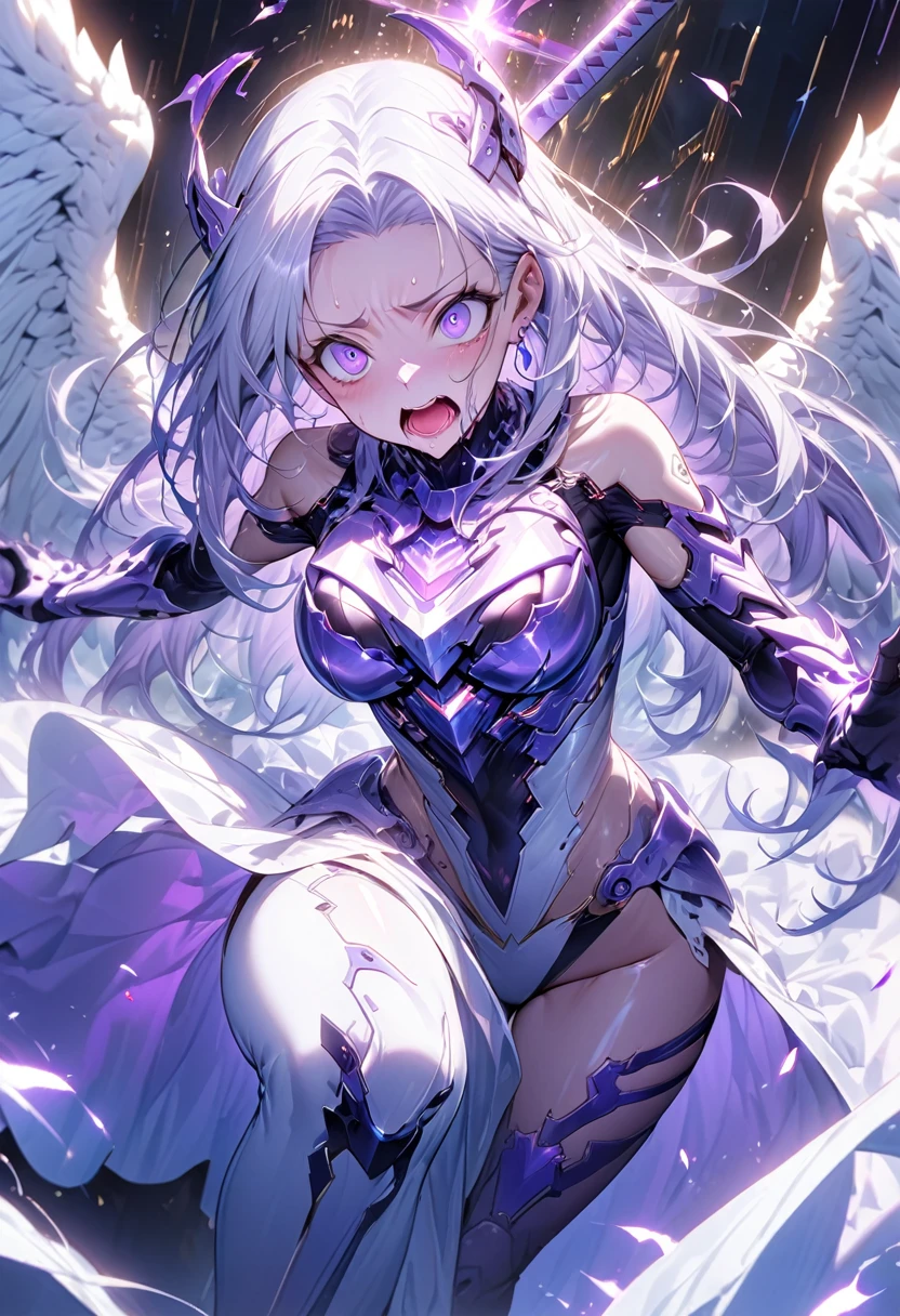 masterpiece、highest quality、Ultra-high resolution、Maximum resolution、Very detailed、Professional Lighting、anime、Adult women、thin、so beautiful、Screaming face、Brave face、Open your mouth、White and purple enamel high leg leotard、Purple pattern、((Cyber Armor))、Leg Armor、Shiny Armor、White decoration、Cyber Headgear、Shoulders show skin、Blue Earrings、Silver Hair、long hair、Purple Eyeedium breast、Pink Lips、White cloak、Angel Wings、Dynamic Pose、A moving picture、Long skirt with an open front、Gorgeous Great Sword