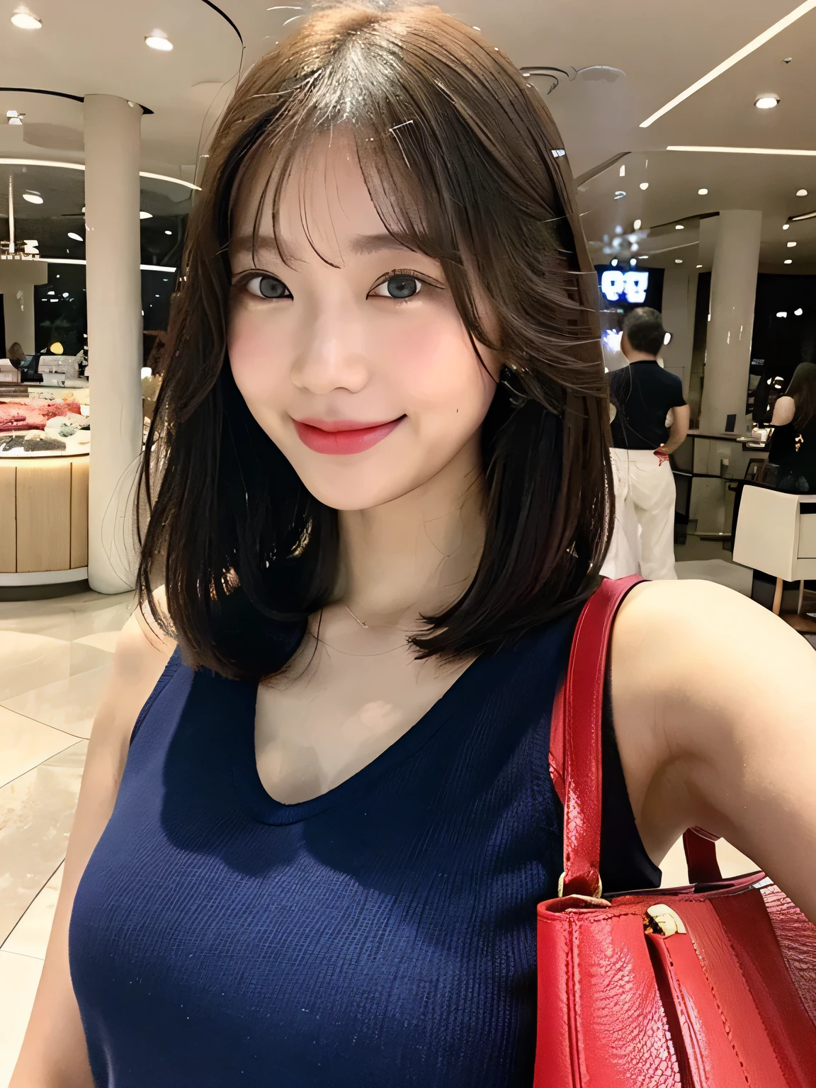 one person、Smiling while shopping、carrying a red handbag、fun、、whole body、slender、woman、White drool coming out of the mouth、Short hair, fair skin, messy hair, super cute、Soft and Face、Brown Hair、8k resolution、Surreal、Ultra high definition、 Soft Body Tight Ass Night、A-cup small breasts((Highest resolution、8k、masterpiece:1.3))、Ultra-fine face、Ultra Fine Lips、Beautiful Eyes、double eyelid,Light blue tank top、Red lender's figure、I can see your thighs、Shapely small breasts、