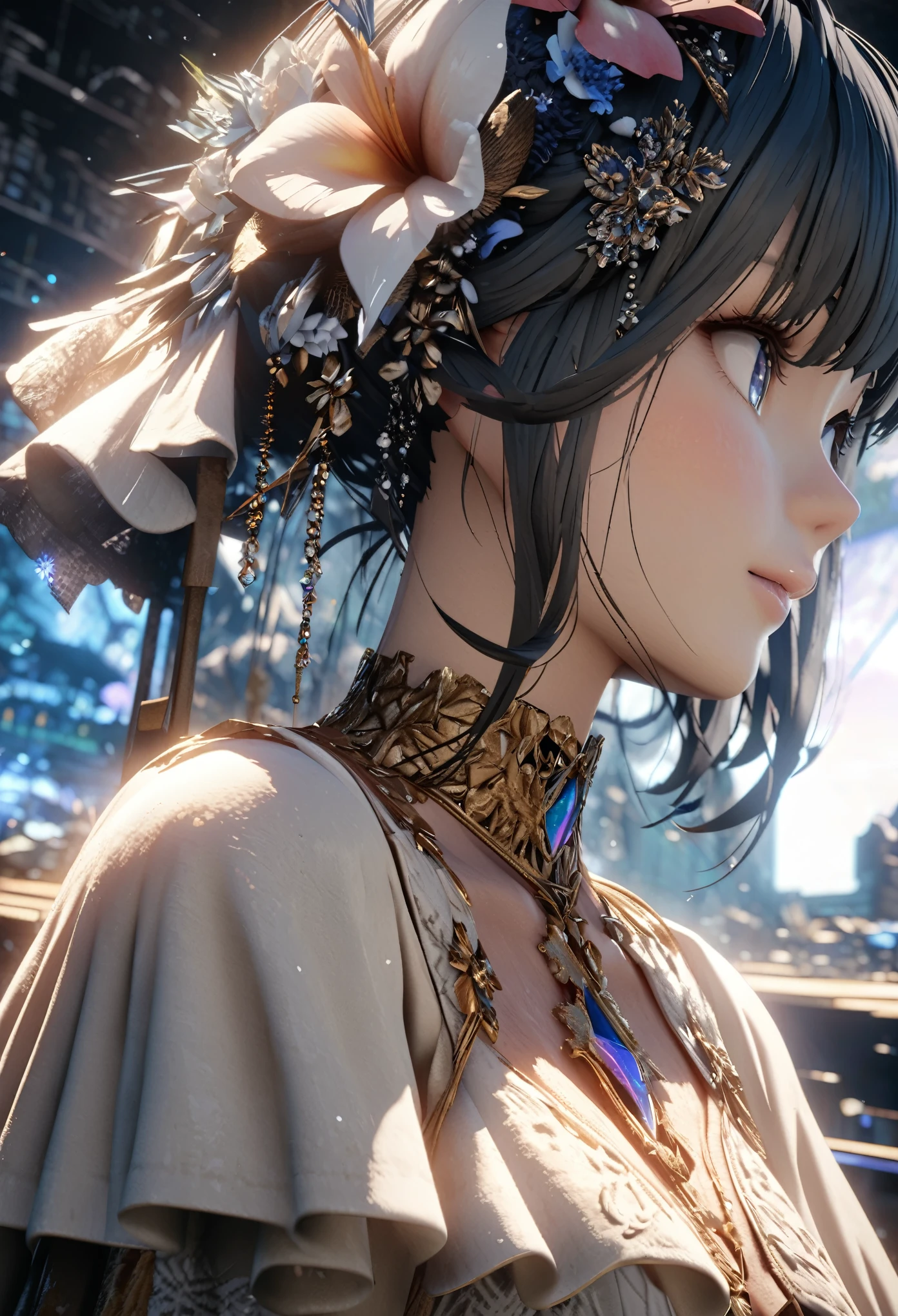masterpiece, highest quality, High resolution, High resolution, An expensive solution, High resolution, 4K, 8k, unity 8k wallpaper, High resolution CG, masterpiece, Genuine, 2D, 3D, Beautiful details, depth, Fine texture, highest quality: 1.3 , Create an anime-style illustration of a character wearing a gorgeous Hawaiian dress adorned with flowers and jewels。, Perfect focus and bright night beach background. Draw a close-up of the upper body. {{The dress should have multiple layers and special ruffles, It is embedded with gemstones of various colors.. }} , The character&#39;s pink hair、It should be long and flowing to show off the intricate design of the dress.。. The cityscape at night is vibrant. The streets are lit up in different colors、The area is bustling with lights that tell the tale of a vibrant nightlife。. The light from the building is reflected on the water..With a smile