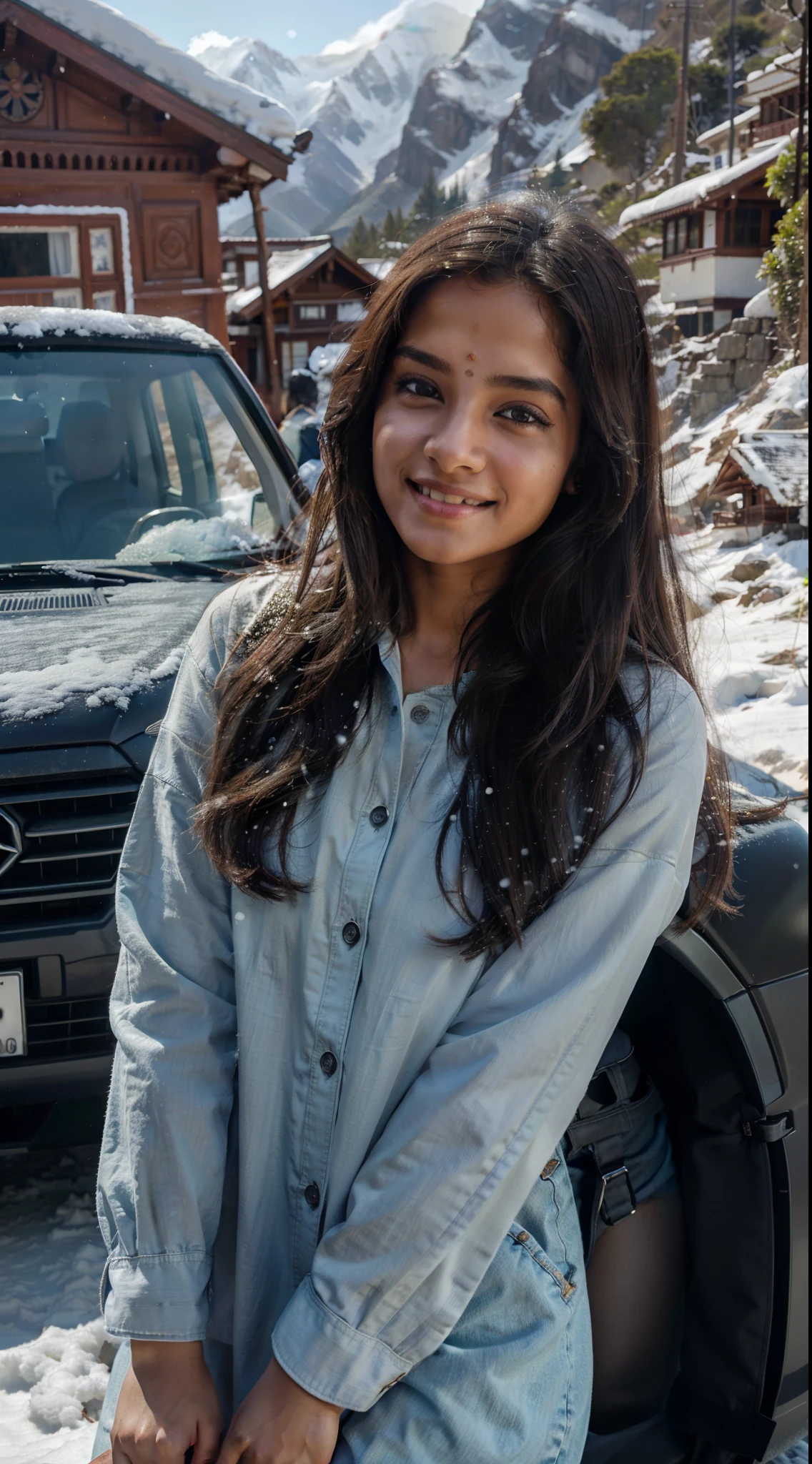 kerala girl, looks like Hermoine Granger, smiling, playing with hair, with realistic skin texture, at the Himalayas, on a mountain top, enjoying the view, cold, with cousins, near a car, snow, wearing a jacket and jeans, sunlit, realistic mobile photography, luxury, realistic body, realistic dress,