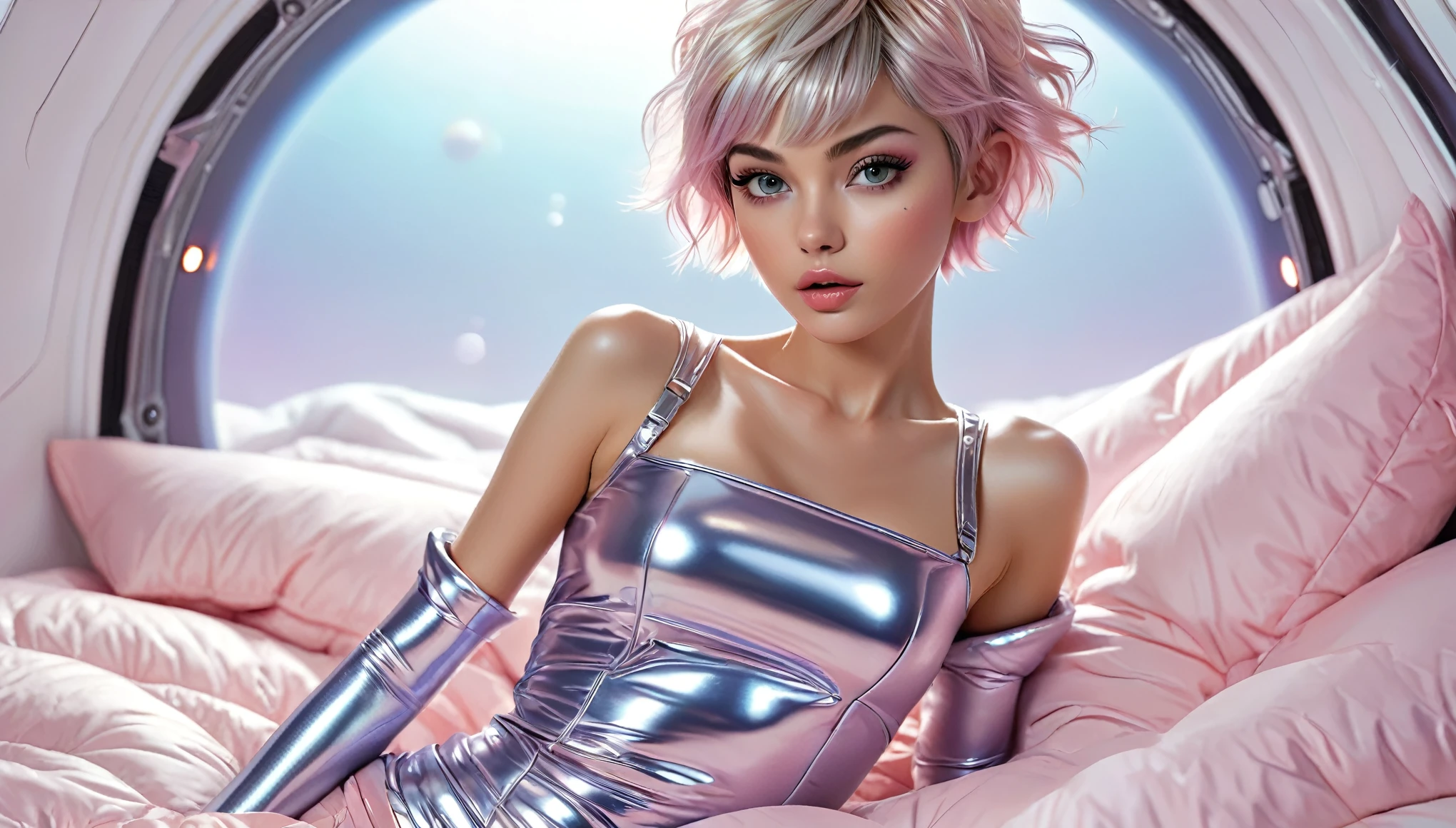 Masterpiece, Best Quality, ((skinny girl in a wide open shiny puffer with short sleeves, short sleeves, small perky breasts, puffy nipples, extremely detailed face, detailed eyes, detailed lips, pixie asymmetrical hair, small hips, in a spaceship, on a bed, full body view, pastell colors))