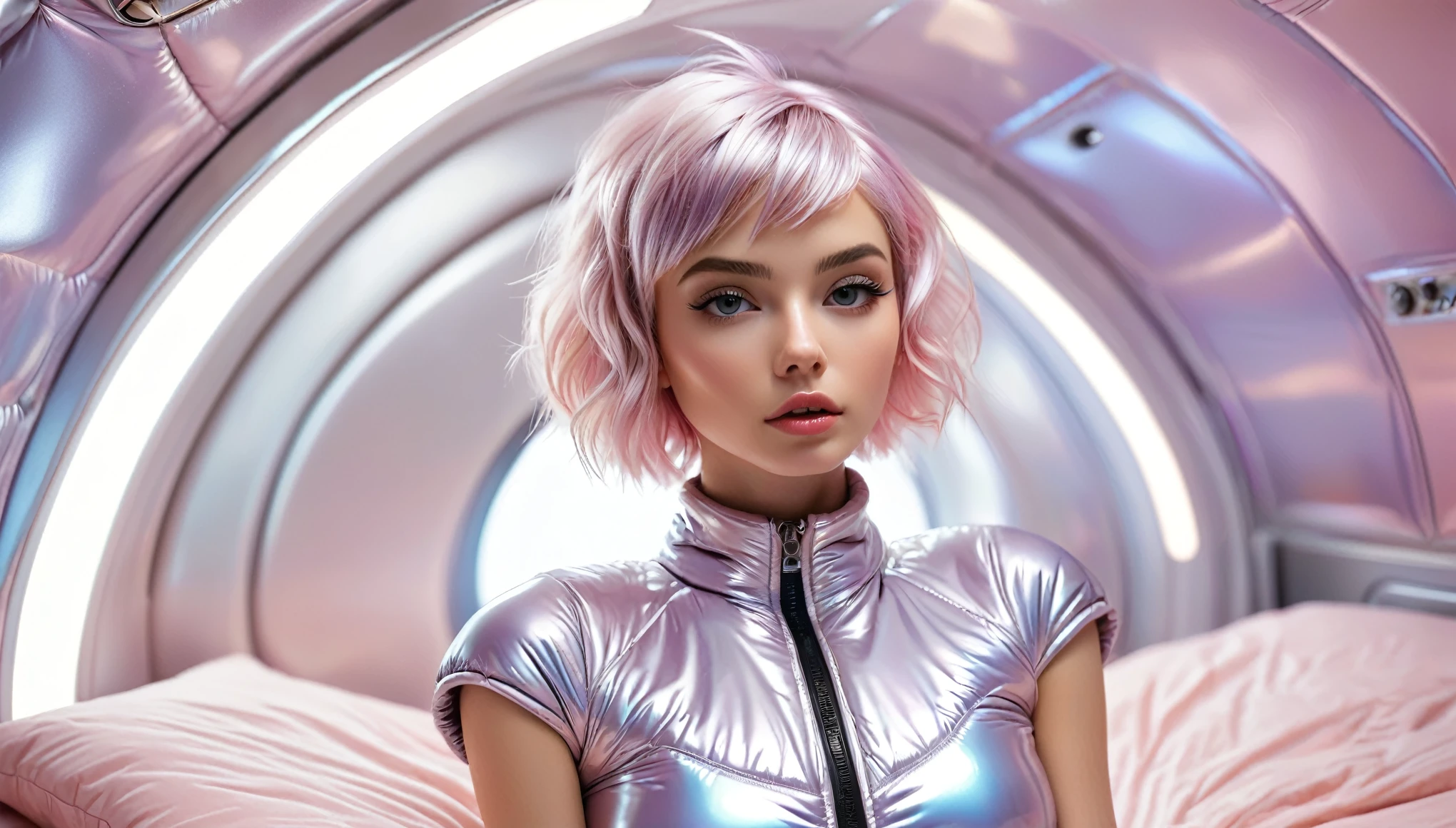 Masterpiece, Best Quality, ((skinny girl in a wide open shiny puffer with short sleeves, short sleeves, small perky breasts, puffy nipples, extremely detailed face, detailed eyes, detailed lips, pixie asymmetrical hair, small hips, in a spaceship, on a bed, full body view, pastell colors))