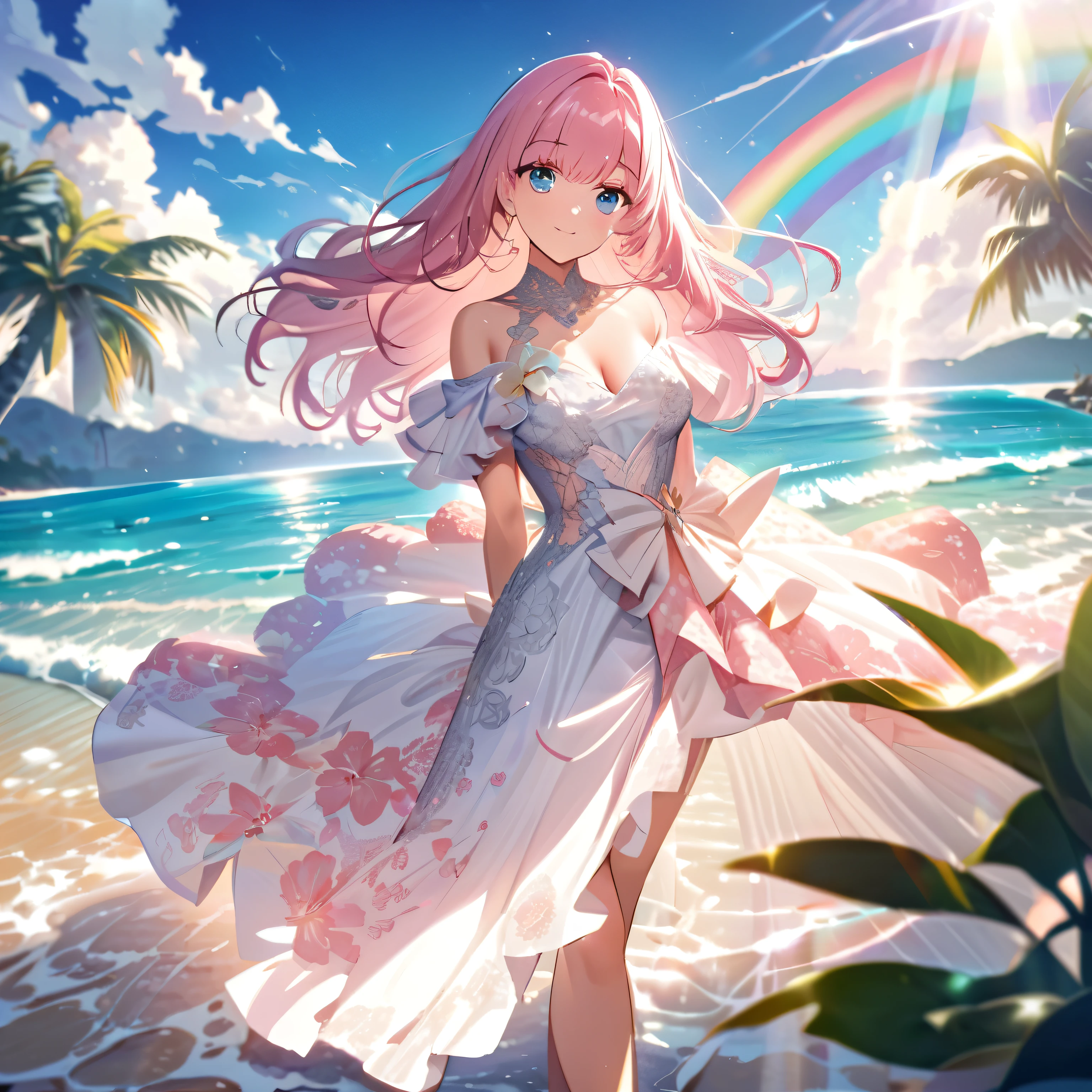 ``A beautiful woman with long pink hair and beautiful eyes wearing an elegant and detailed hawaiian dress.The dress must have intricate designs and patterns to give it a luxurious and luxurious feel.In the background , a romantic morning beach in Hawaii with the morning sun reflecting on the water surface and the sun hitting the palm trees.The entire image emphasizes the glittering effect and rainbows to enhance the magical atmosphere, and adds special frills to the dress. It makes you stand out.”
