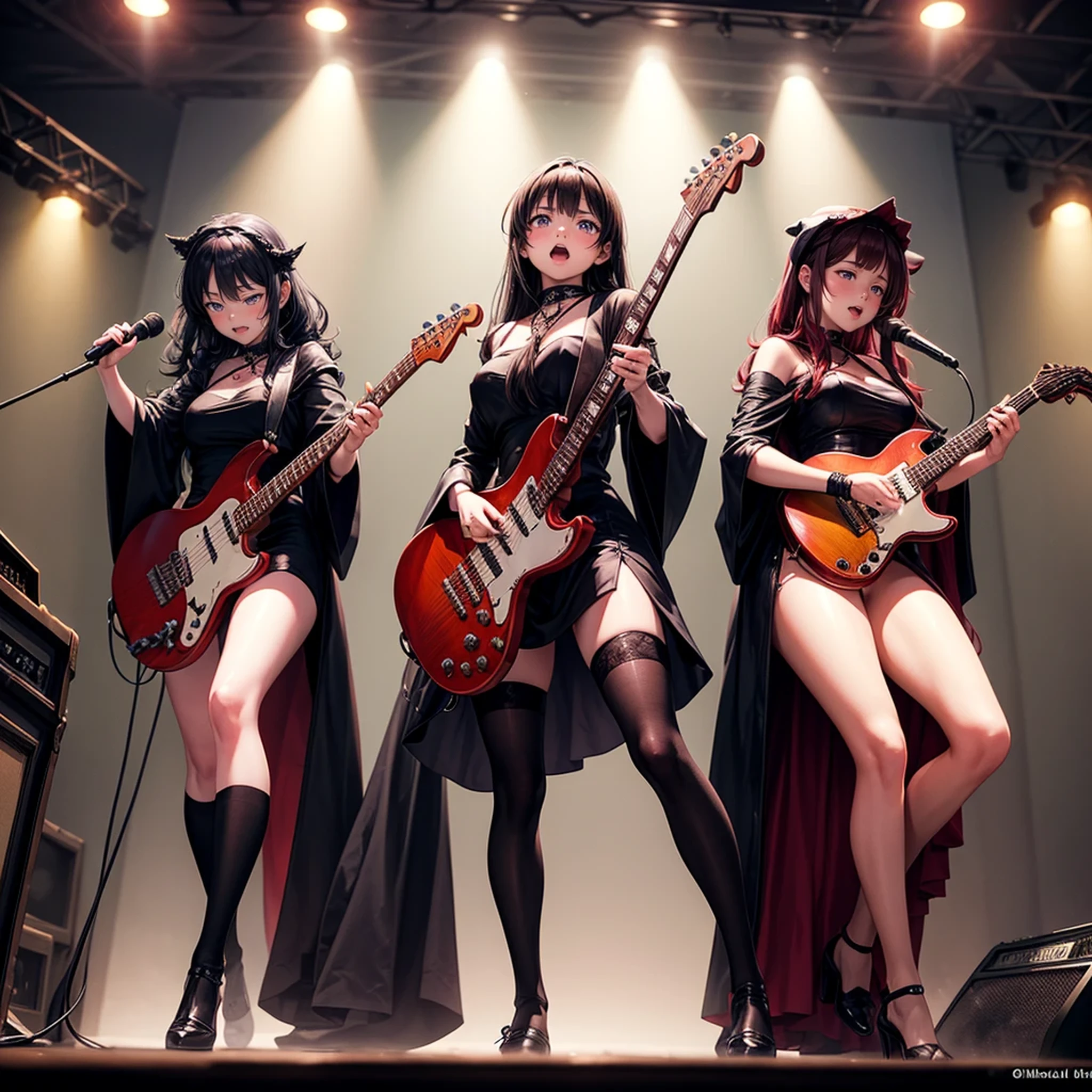 A three-woman metal band dressed in witch costumes、Arrived in Japan and held a mass at a live venue、Neck slashing pose、The intense performance was a huge success、Metal band performance、Fearless expression、Live venue lighting、The band&#39;s concept was a reaction to the witch hunts that swept through medieval Europe.、