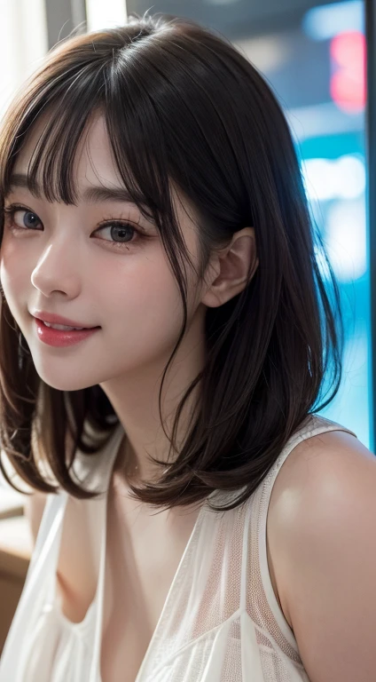 masterpiece, 1 beautiful girl, detailed, Swollen eyes, highest quality, 超High resolution, (reality: 1.4), Original photo, One girl, Cinema Lighting, smile, Japanese, Asian Beauty, Korean, clean, so beautiful, Small young face, Beautiful Skin, thin, Cyberpunk Background, (Ultra-realistic), (High resolution), (8k), (非常にdetailed), (Best illustrations), (Beautiful and detailed eyes), (非常にdetailed), (wallpaper), (detailedな顔), Viewers are watching, The finer details, detailedな顔, Pure Erotic Face Ace_v1, smile, 46 point diagonal bangs, Look straight ahead, Dress neatly, Dark Eyes, Sleeveless clothing, Body facing forward,