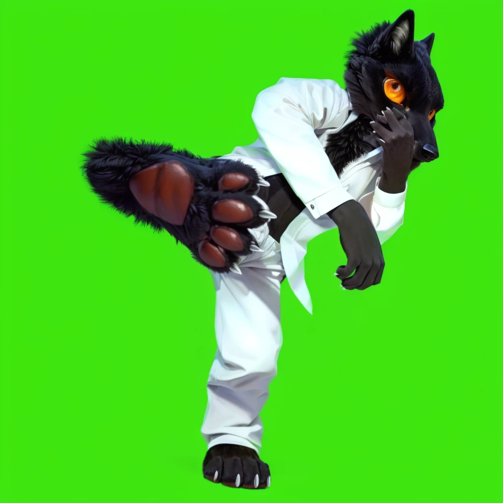 Black anthro wolf, standing with one feet, kicking air, doing a kick fight pose, wearing white chlotes, detailed hd muscular black fur chest exposed, detailed hd muscular black fur stomach exposed, wearing white pants, right hand on the front chest (finger unwrapped) (detailed black fur hand), left hand close to face (hand covering mouth) (finger unwrapped) (detailed black fur hand), head tilted to right (detailed big orange eyes with red predatory pupil), detailed serious head face expression, detailed hd right feet close to camera, detailed feet paws, hd quality, 4k quality, perfect light, perfect shadow, detailed feet paws close up, detailed white nails, detailed white claws