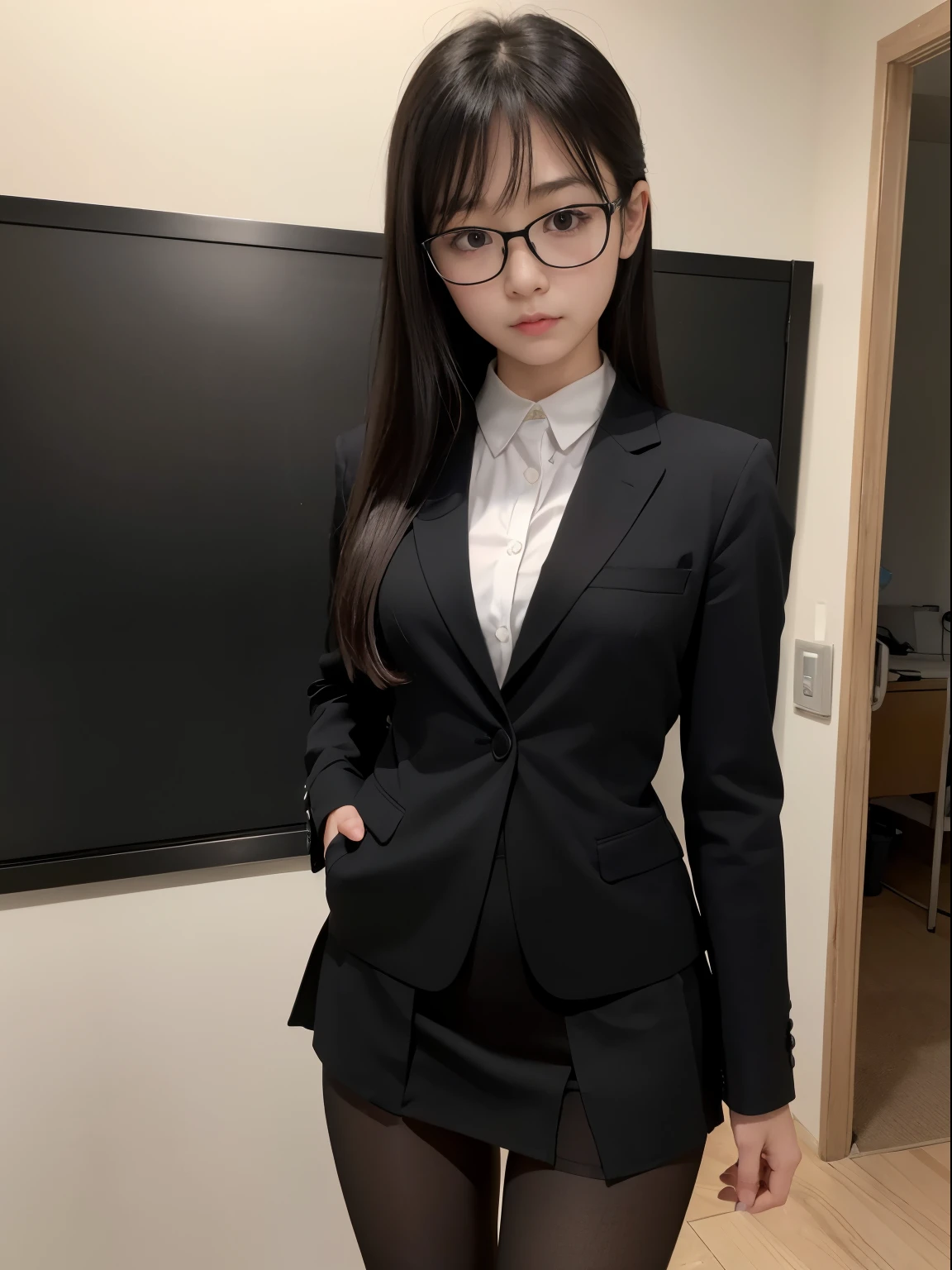 one person、solo、Flat Eyes、Confused eyes、Small breasts、20 year old office uniform OL、Flat Eyes、Confused eyes、body、True Face、Watching the audience,Looking at the front,Glare、sexy、victory、((Black Pantyhose))、Tsundere、Saucy、Single knot、OL、suit、mini skirt、anger、Small、Glasses、Slim girl photo、body型:史上最Smallの美少女、Japanese women、(8K、RAW Photos、Highest quality、masterpiece:1.2)、(Real、Photorealistic:1.37)、Ultra high definition、Ultra high definition、Standing position、((((sexy)))