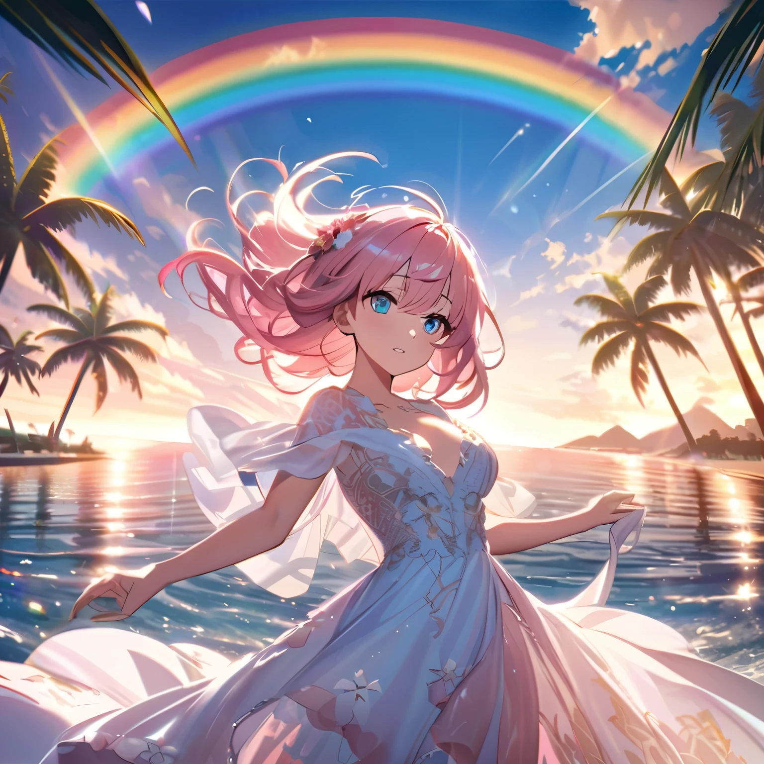 ``A beautiful woman with long pink hair and beautiful eyes wearing an elegant and detailed hawaiian dress.The dress must have intricate designs and patterns to give it a luxurious and luxurious feel.In the background , a romantic morning beach in Hawaii with the morning sun reflecting on the water surface and the sun hitting the palm trees.The entire image emphasizes the glittering effect and rainbows to enhance the magical atmosphere, and adds special frills to the dress. It makes you stand out.”