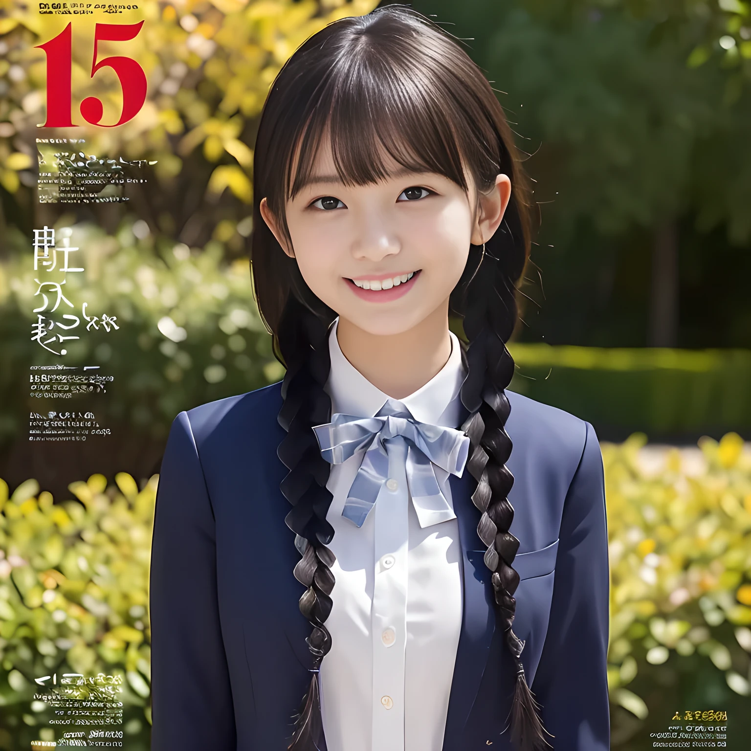 (highest quality、masterpiece:1.2)、highest quality、Realistic、photograph、High resolution、1080p、8K、Physical Rendering、((Height: 158cm)), ((one Japanese girl)), ((((A fairy in the form of a 15-year-old beautiful Japanese magazine fashion model is looking at the viewer.)))), ((((laughing at me!)))), detailed fingers, (((curled blunt bangs))), (((((Very large, cute droopy eyes, carefully and delicately drawn down to the last detail.))))), ((double eyelids)), (((long eyelashes))), ((cute lovely laughing cheeks)), ((The pure white light hits my nose and cheeks.、Her eyes and white facial skin shine beautifully white.)), ((((Her facial features are very expressive lovely smile, very sweet, very sweet)))), (((black very beautiful and very long braids))), (((She is wearing a neat junior high with a navy blue pleated skirt, navy blue blazer, and red ribbon.))), ((The skirt is very neat)) , (((An elegant and gentle expression like a noble princess))), ((Fractal geometric background made up of uniform ribbons))