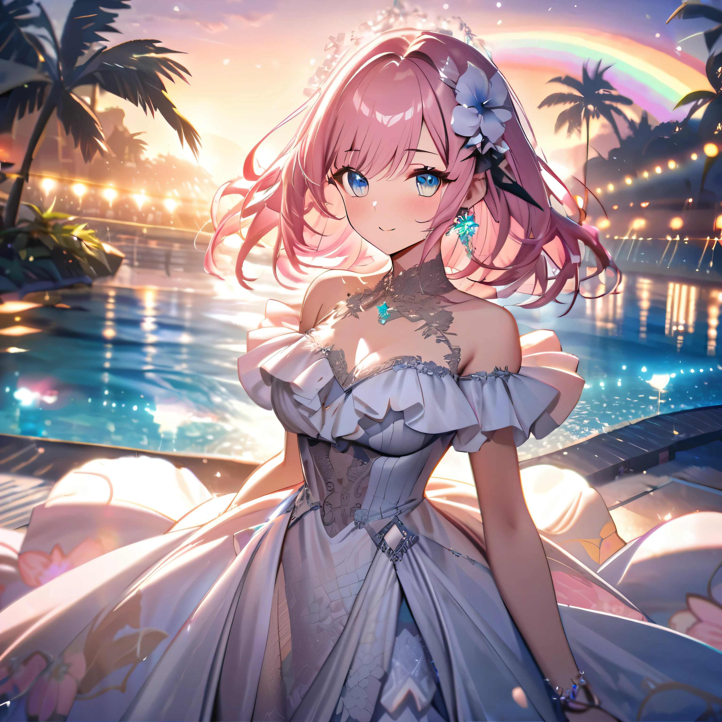 ``A beautiful woman with long pink hair and beautiful eyes wearing an elegant and detailed hawaiian dress.The dress must have intricate designs and patterns to give it a luxurious and luxurious feel.In the background , the image should depict a romantic Hawaiian beach at night with light reflecting off the water and an illuminated bridge across the scene, emphasizing the sparkling effects and rainbows throughout the image. Enhance your look and add special ruffles to your dress to make it stand out.”