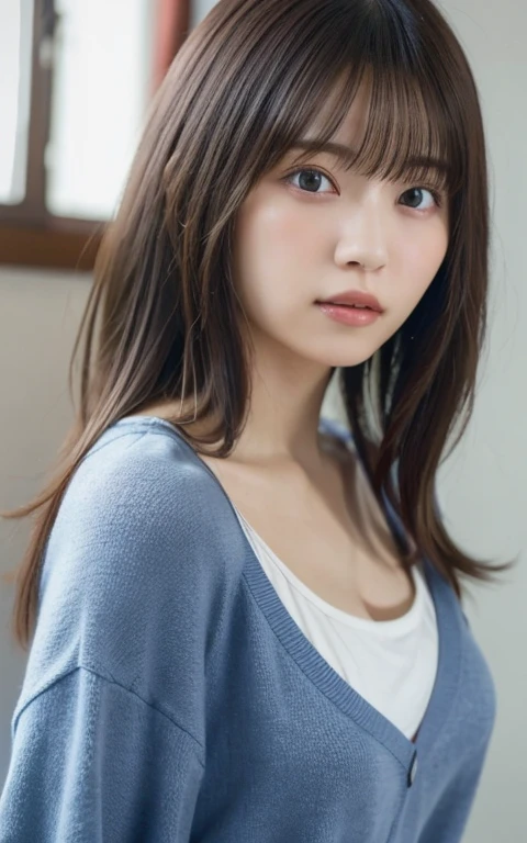 masterpiece, highest quality, 8k, 20th Generation, Large Breasts, cute, alone, sad, cute, Girlish, Delicate girl, Pure beauty, RAW Photos, Professional photography, Portraiture, Soft Light, Professional Lighting, Backlight, Upper Body, avert your eyes, Sophisticated, Film Grain, (Eyes and facial details:1.0), Short floating hair, Beautiful, flowing hair, bangs, T-shirts and cardigans、(Large Breasts:1.0)、You can see a little cleavage、Red eyes and blue eyes