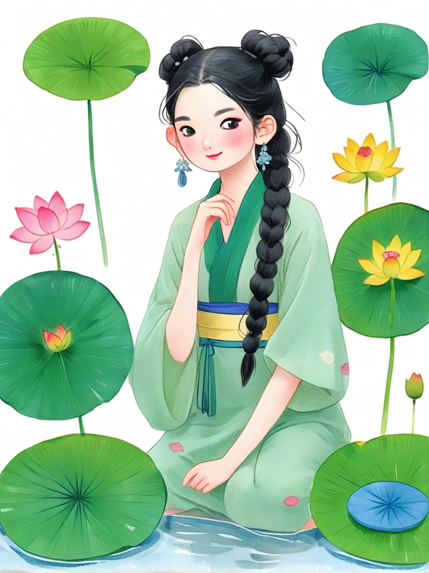 1 Girl，whole body，leg，裸露的大leg，(rain)，(Gentle smile)，Bare shoulders，胸部被覆盖lotus叶，Cleavage，clavicle，neck，(fog，薄fog)，earrings，solo，White(lotus)，Black Hair，Looking at the audience，Long hair，portrait，Lips，Hair Bun，make up，Poker face，black eyes，Green，(Lotus Leaf)，Every time，Soft Light，Fine brushwork and ink painting style，(masterpiece:1.2)，(Best quality:1.2)，high resolution，Extremely detailed 8k wallpapers，very clearly，lifelike