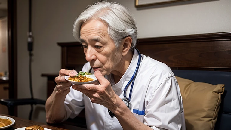 An elderly hospitalized patient eating curry