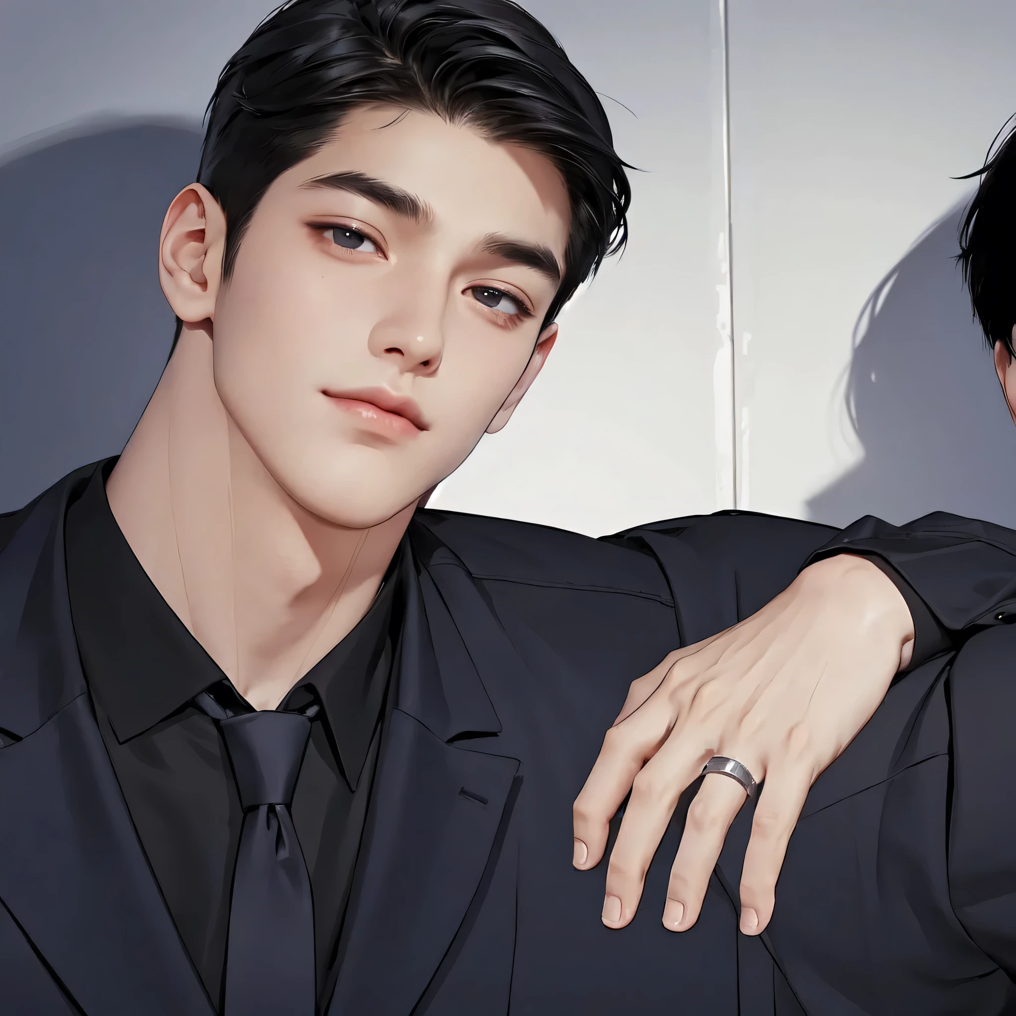 1man, perfect eye, perfect illumination, black hair, black eyes, unreal engine, sidelighting, detailed face, bangs, bright skin, simple background, dark background