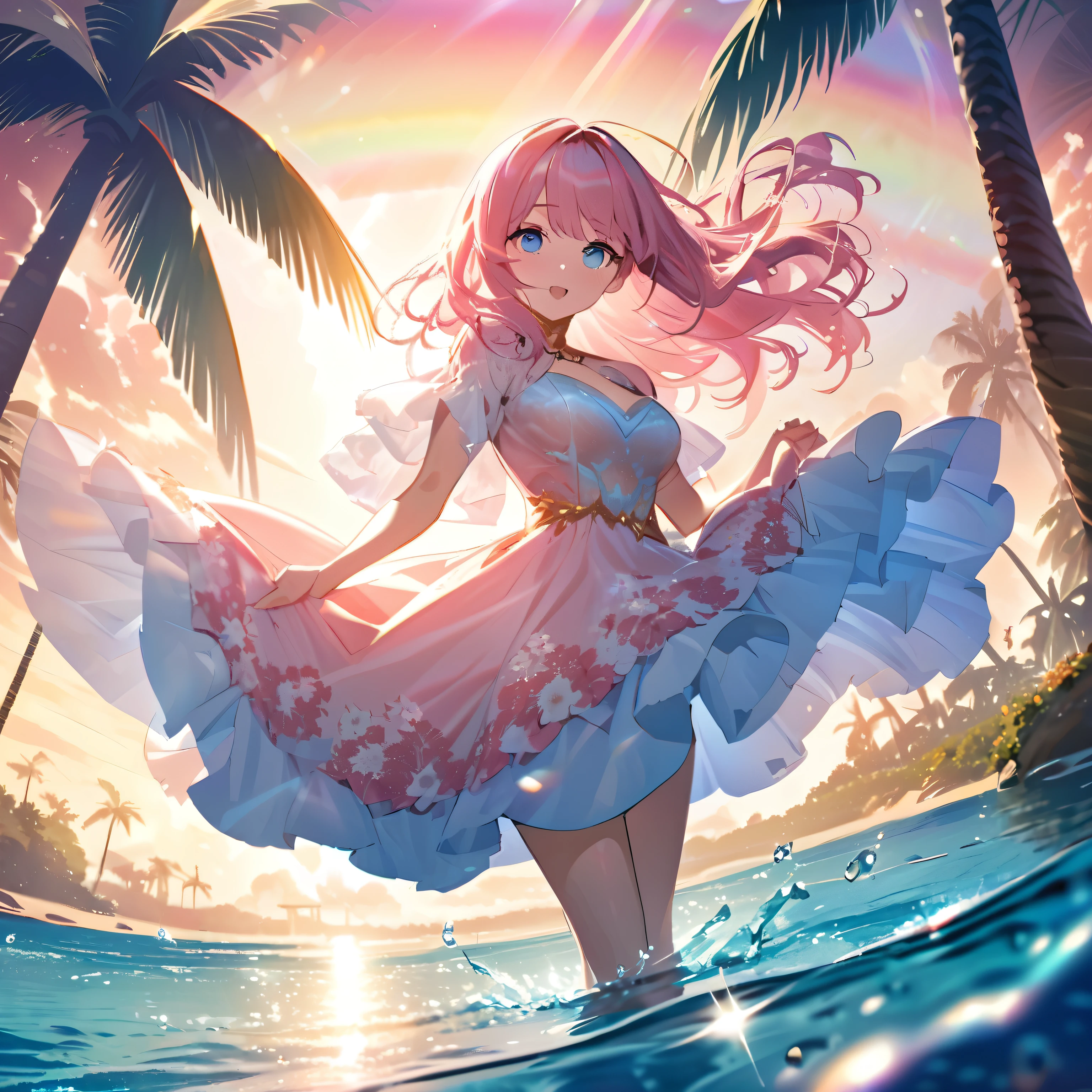 ``A beautiful woman with long pink hair and beautiful eyes wearing an elegant and detailed hawaiian dress.The dress must have intricate designs and patterns to give it a luxurious and luxurious feel.In the background , a romantic morning beach in Hawaii with the morning sun reflecting on the water surface and the sun hitting the palm trees.The entire image emphasizes the glittering effect and rainbows to enhance the magical atmosphere, and adds special frills to the dress. It makes you stand out.”