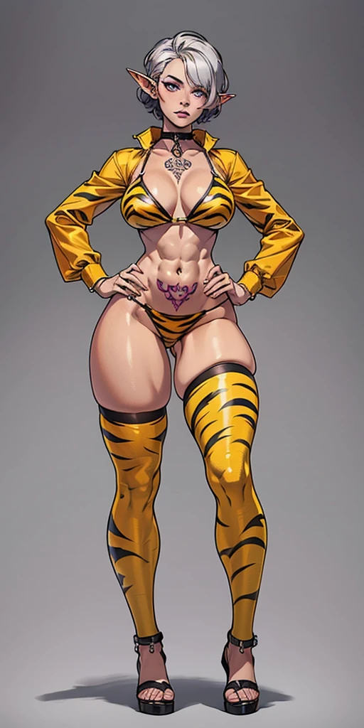 (Masterpiece, grey background:1.2) full body standing straight symmetrical looking to the viewer, view from below, far shot, cow boy shot, purple skin, drow, elf, 1girl, mature, purple eyes, pinched eyes, short silver white hair cut (yellow tiger bikini print long sleeves and long stockings) abs, navel, big knockers, tatter rags, leather choker,chain collar, stomach tattoo (red tattoo), hands on hips, wide hips, thick thighs, metal sandals,