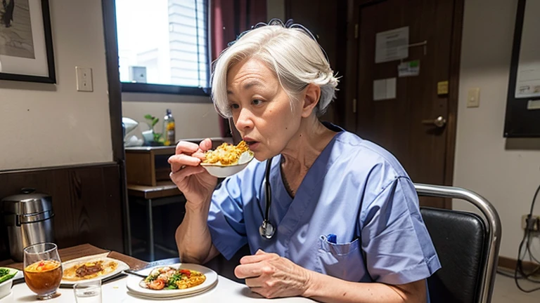 An elderly hospitalized patient eating curry