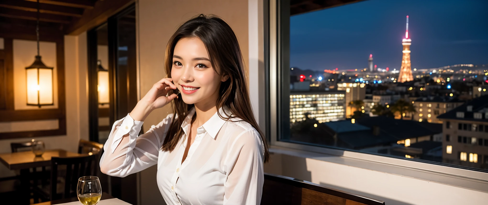 ((highest quality、8k、masterpiece:1.3))、Sharp focus:1.2、Beautiful woman perfect body:1.4、slimなボディ、((Bob Hale、Straight hair:1.2))、(to be born, highest quality, masterpiece:1.5), (Realistic, Intricate details:1.2), Ultra-high resolution, Amazing view of the sunset sky and clouds、Amazing mountain views、ニコニコ明るいsmile、smileの素敵な女性、Bright image、2. The beauty of wine, Beautiful Face, blue eyes, The light shines on your face, Blushing, short hair,Bright Face、Fox face、 (36 years old), 39 years old, Lady、red wine 、Appetizers、Italian food、Wine bottle、Champagne、sparkling wine、Two beauties、Brown Hair、Shortcuts、Long sleeve shirt、dress、Pretty Woman 1, (slimな顔), (The body is slim), (Brown Hair), (Shortcuts), cheeks turn a little red,Attractive beauty、, Out of the window, A beautiful and detailed night view unfolds.........., restaurant, In a prominent place (From the waist up) Nova Frog Style, actress, model, Upper Body, White wine, slim, wine glass, 真ん中に置かれたwine glass, smile, (smile: 1.15), Beautiful fine grain, Depth f/2,saturation, High Contrast, Strong light and shadow,Moist Body:1.5、3D texture、Delicate eyes、Brown Hair、The hair is very shiny、