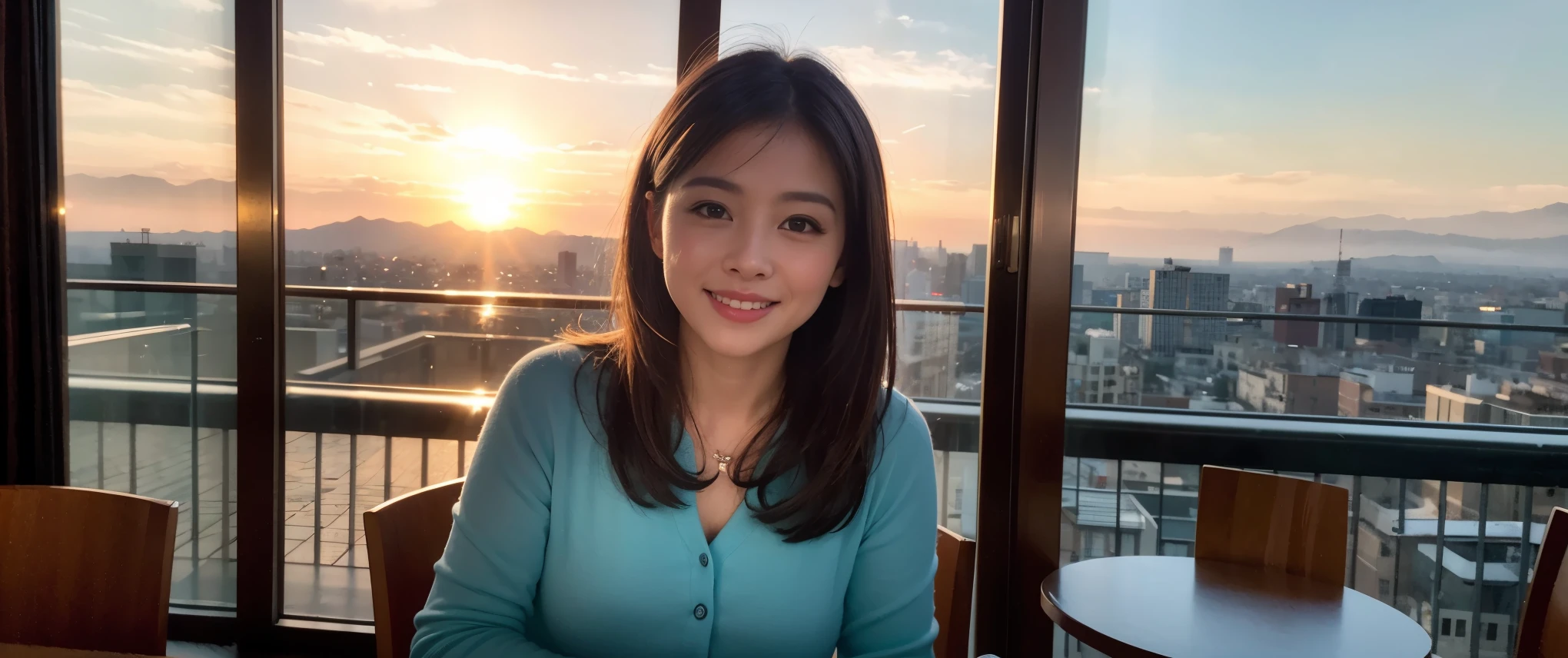 ((highest quality、8k、masterpiece:1.3))、Sharp focus:1.2、Beautiful woman perfect body:1.4、slimなボディ、((Bob Hale、Straight hair:1.2))、(to be born, highest quality, masterpiece:1.5), (Realistic, Intricate details:1.2), Ultra-high resolution, Amazing view of the sunset sky and clouds、Amazing mountain views、ニコニコ明るいsmile、smileの素敵な女性、Bright image、2. The beauty of wine, Beautiful Face, blue eyes, The light shines on your face, Blushing, short hair,Bright Face、Fox face、 (36 years old), 39 years old, Lady、red wine 、Appetizers、Italian food、Wine bottle、Champagne、sparkling wine、Two beauties、Brown Hair、Shortcuts、Long sleeve shirt、dress、Pretty Woman 1, (slimな顔), (The body is slim), (Brown Hair), (Shortcuts), cheeks turn a little red,Attractive beauty、, Out of the window, A beautiful and detailed night view unfolds.........., restaurant, In a prominent place (From the waist up) Nova Frog Style, actress, model, Upper Body, White wine, slim, wine glass, 真ん中に置かれたwine glass, smile, (smile: 1.15), Beautiful fine grain, Depth f/2,saturation, High Contrast, Strong light and shadow,Moist Body:1.5、3D texture、Delicate eyes、Brown Hair、The hair is very shiny、