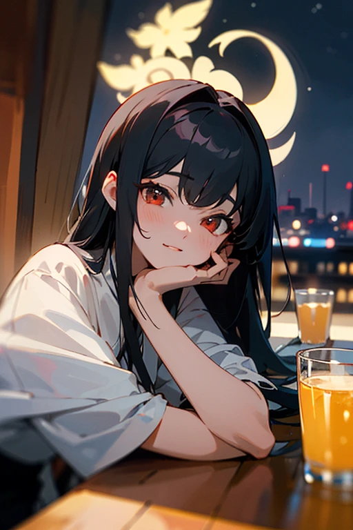 ((mejor calidad)), ((Obra maestra)), (detallado), cara perfecta, Joven de cabello negro largo y lacio, ojos rojos, pale skin, asian factions, 19 years, esbelta, busto mediano, bonitas curvas, estilo anime, elegante, only character in the image, red eyes, waiting for you, cute face, sexy, in love with the viewer, in night club, club, night, drinking, black hair, drunked