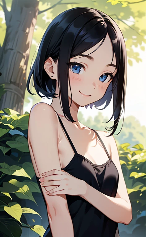 highest quality, detailed face, fine eyes, High resolution, 1 girl, middle chest, smile, simple dress, (attractive, puffy eyes:1.2), excellent anatomy, looking at the viewer, soft focus, golden hour lighting, Depth of the bounds written, happy expression, short cut hair, outdoors, (profile shot:0.3)