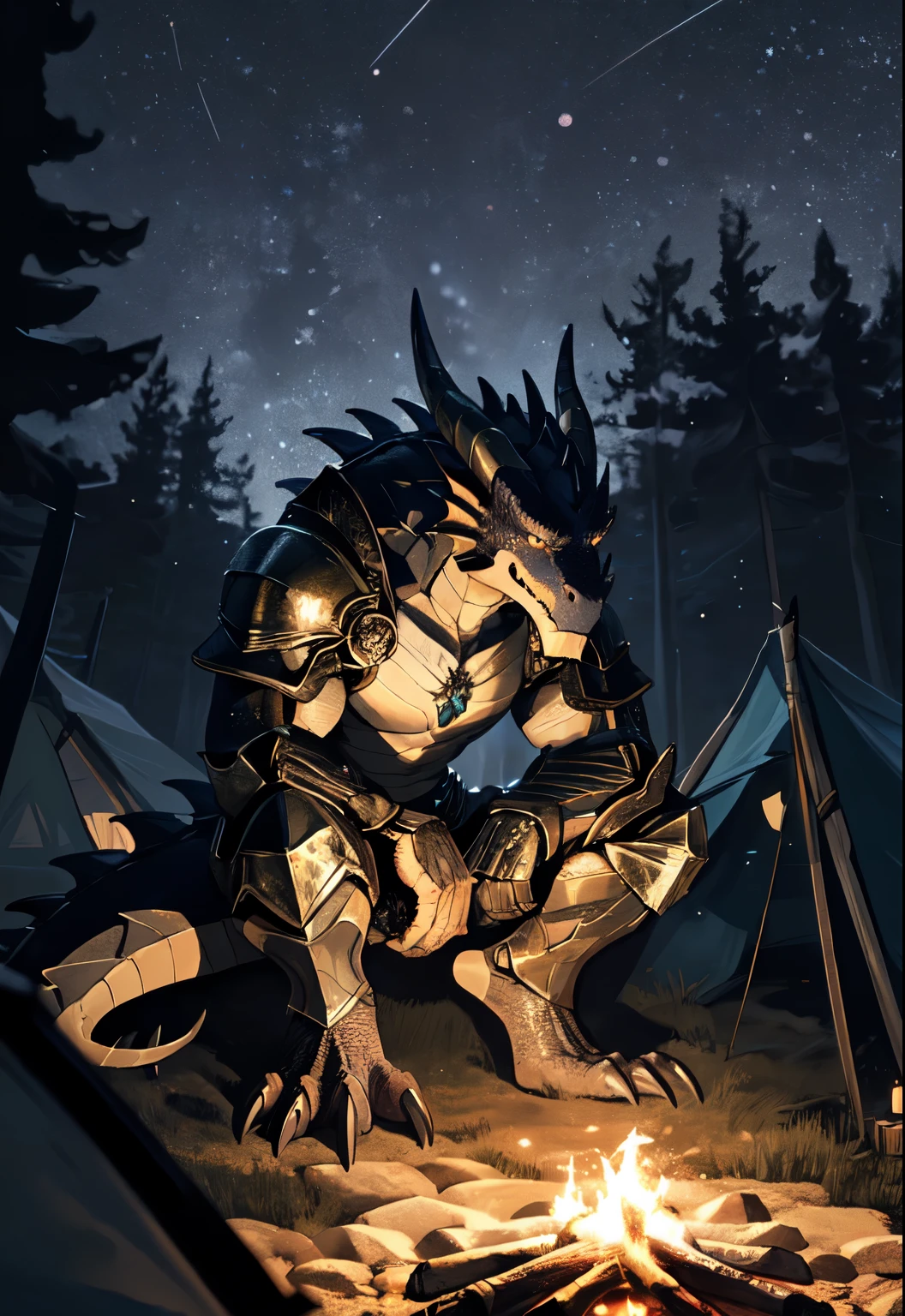 Solitary, Beast field, (dragon), anthropology, male, ((black body)), scale, Tail, muscle, Handsome, armor, middle Ages, fantasy, outdoor, external, dark, night, forest, campfire, camp, Star, sitting, Claws, epic, Depth of Field, Perfect lighting, (Light Particles),(best quality),(masterpiece),(ultra deTailed),Clear focus,Light Particles