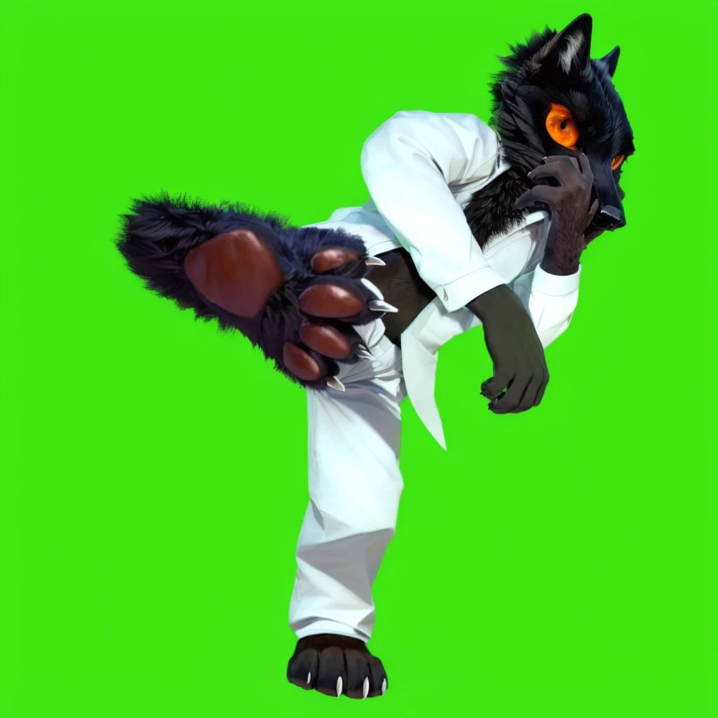 Black anthro wolf, standing with one feet, kicking air, doing a kick fight pose, wearing white chlotes, detailed hd muscular black fur chest exposed, detailed hd muscular black fur stomach exposed, wearing white pants, right hand on the front chest (finger unwrapped) (detailed black fur hand), left hand close to face (hand covering mouth) (finger unwrapped) (detailed black fur hand), head tilted to right (detailed big orange eyes with red predatory pupil), detailed serious head face expression, detailed hd right feet close to camera, detailed feet paws, hd quality, 4k quality, perfect light, perfect shadow, detailed feet paws close up, detailed white nails, detailed white claws