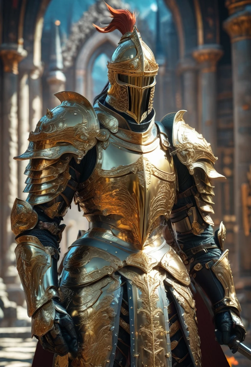 Hero of Another World, Luxurious Armor, (highest quality, masterpiece, Representative works, Official Art, Professional, Super intricate details, 8k)Fantasy Warrior, ASCII Art Design Armor, Intricate Design, Realistic, 8K Ultra Graphics、(((Final Fantasy)))、knight、cool、battlefield、Background Graphicetal Armor、shield、gold、sword