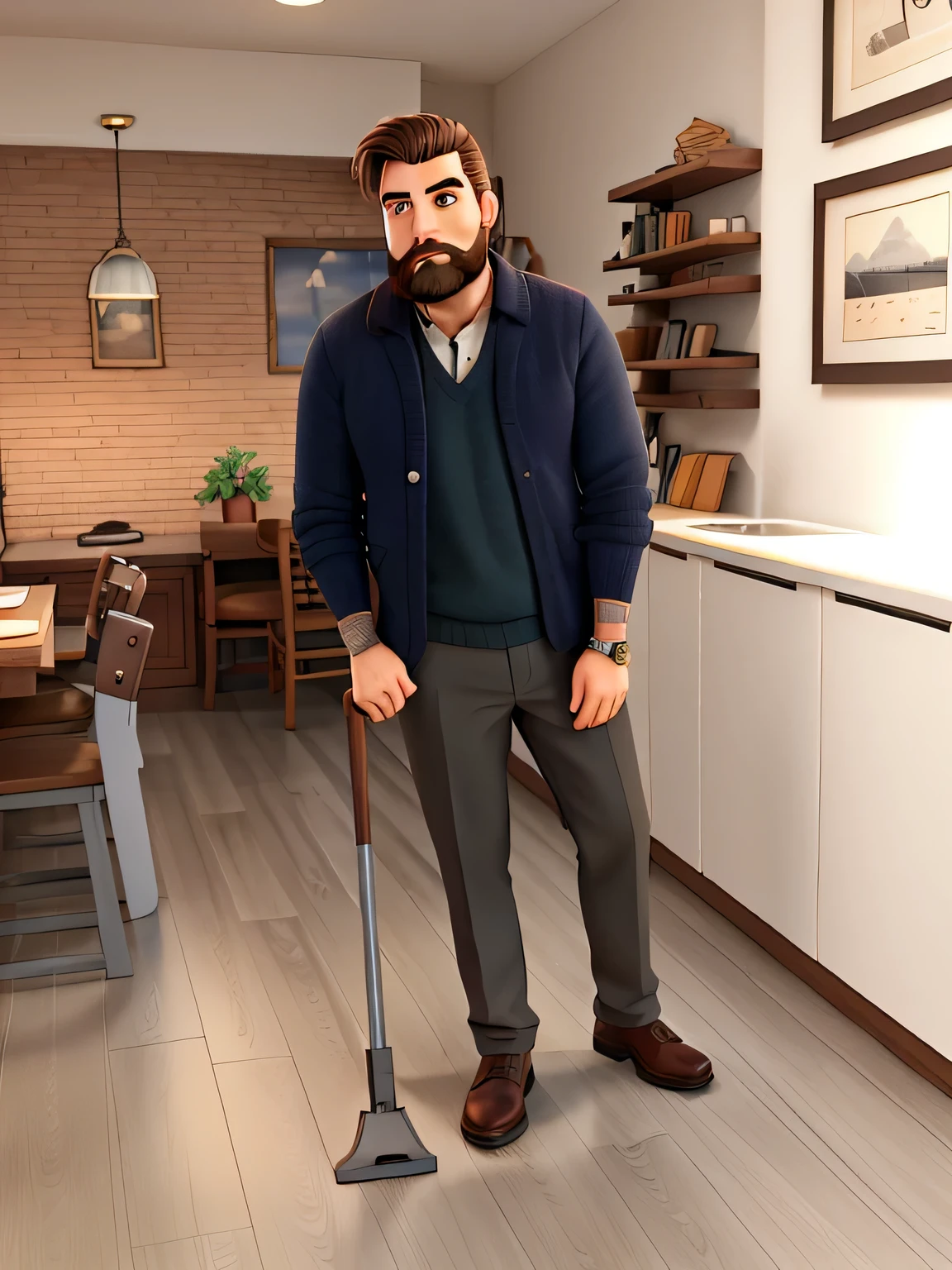 bearded man leaning on a cane