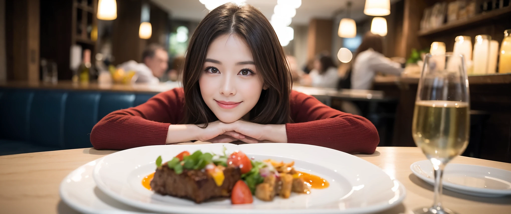 ((highest quality、8k、masterpiece:1.3))、Sharp focus:1.2、Beautiful woman perfect body:1.4、slimなボディ、((Bob Hale、Straight hair:1.2))、(to be born, highest quality, masterpiece:1.5), (Realistic, Intricate details:1.2), Ultra-high resolution, Amazing view of the sunset sky and clouds、Amazing mountain views、ニコニコ明るいsmile、smileの素敵な女性、Bright image、2. The beauty of wine, Beautiful Face, blue eyes, The light shines on your face, Blushing, short hair,Bright Face、Fox face、 (36 years old), 39 years old, Lady、red wine 、Appetizers、Italian food、Wine bottle、Champagne、sparkling wine、Two beauties、Brown Hair、Shortcuts、Long sleeve shirt、dress、Pretty Woman 1, (slimな顔), (The body is slim), (Brown Hair), (Shortcuts), cheeks turn a little red,Attractive beauty、, Out of the window, A beautiful and detailed night view unfolds.........., restaurant, In a prominent place (From the waist up) Nova Frog Style, actress, model, Upper Body, White wine, slim, wine glass, 真ん中に置かれたwine glass, smile, (smile: 1.15), Beautiful fine grain, Depth f/2,saturation, High Contrast, Strong light and shadow,Moist Body:1.5、3D texture、Delicate eyes、Brown Hair、The hair is very shiny、