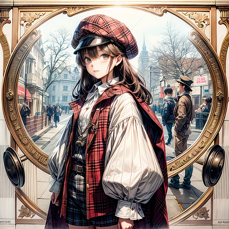 brown check beret、A cape with the same pattern as the hat、White shirt and shorts with the same pattern as the hat、magnifying glass、Detective、A magnifying glass is placed close to the viewer, making the eyes appear larger、Sherlock Holmes、